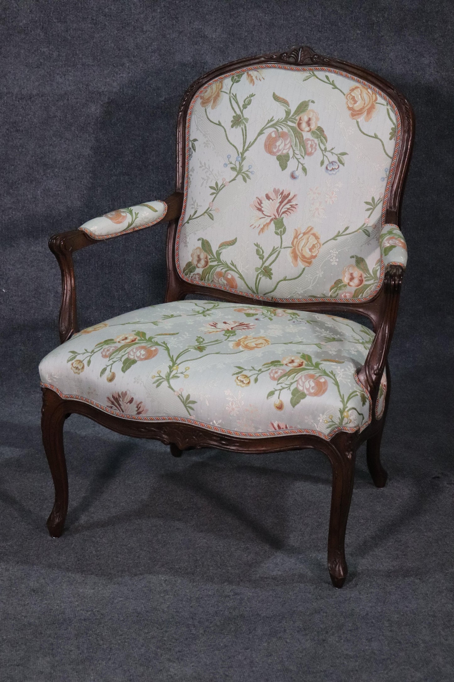 Fine Pair of French Louis XV Walnut Upholstered Open Bergère Open Armchairs