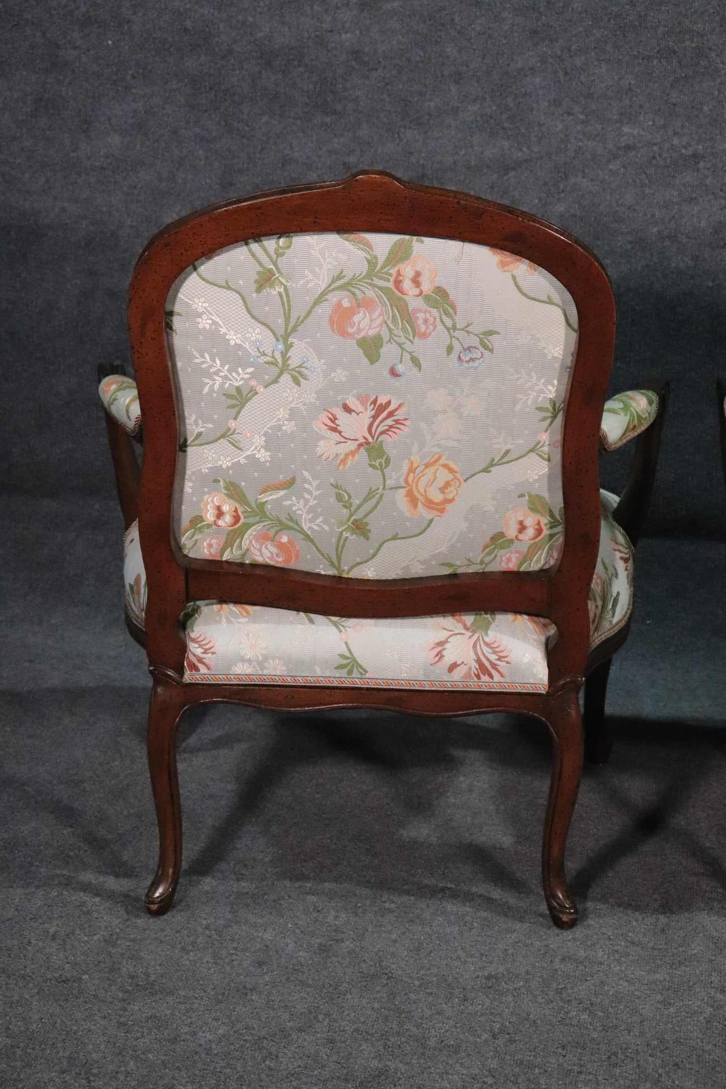 Fine Pair of French Louis XV Walnut Upholstered Open Bergère Open Armchairs