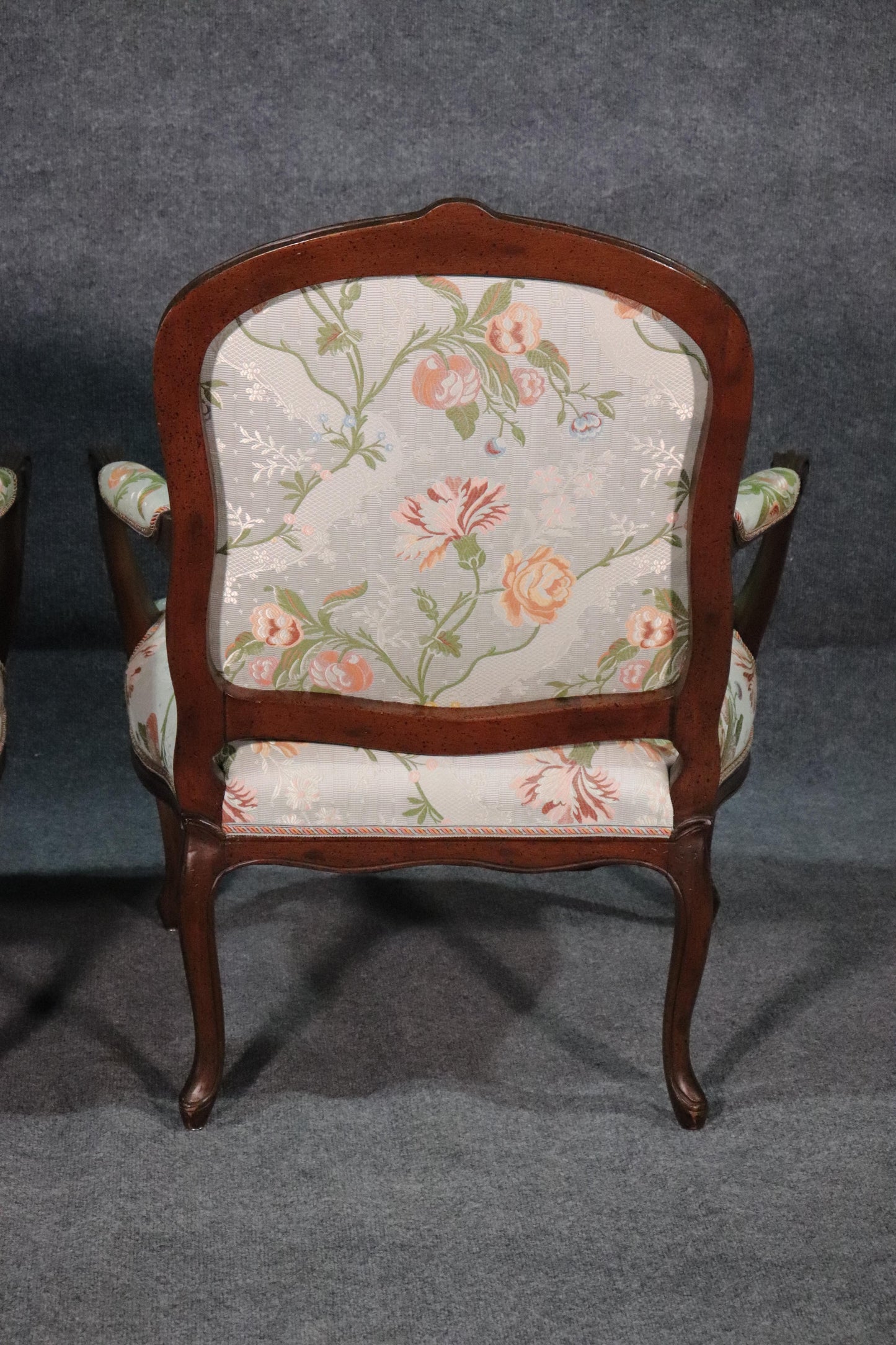 Fine Pair of French Louis XV Walnut Upholstered Open Bergère Open Armchairs