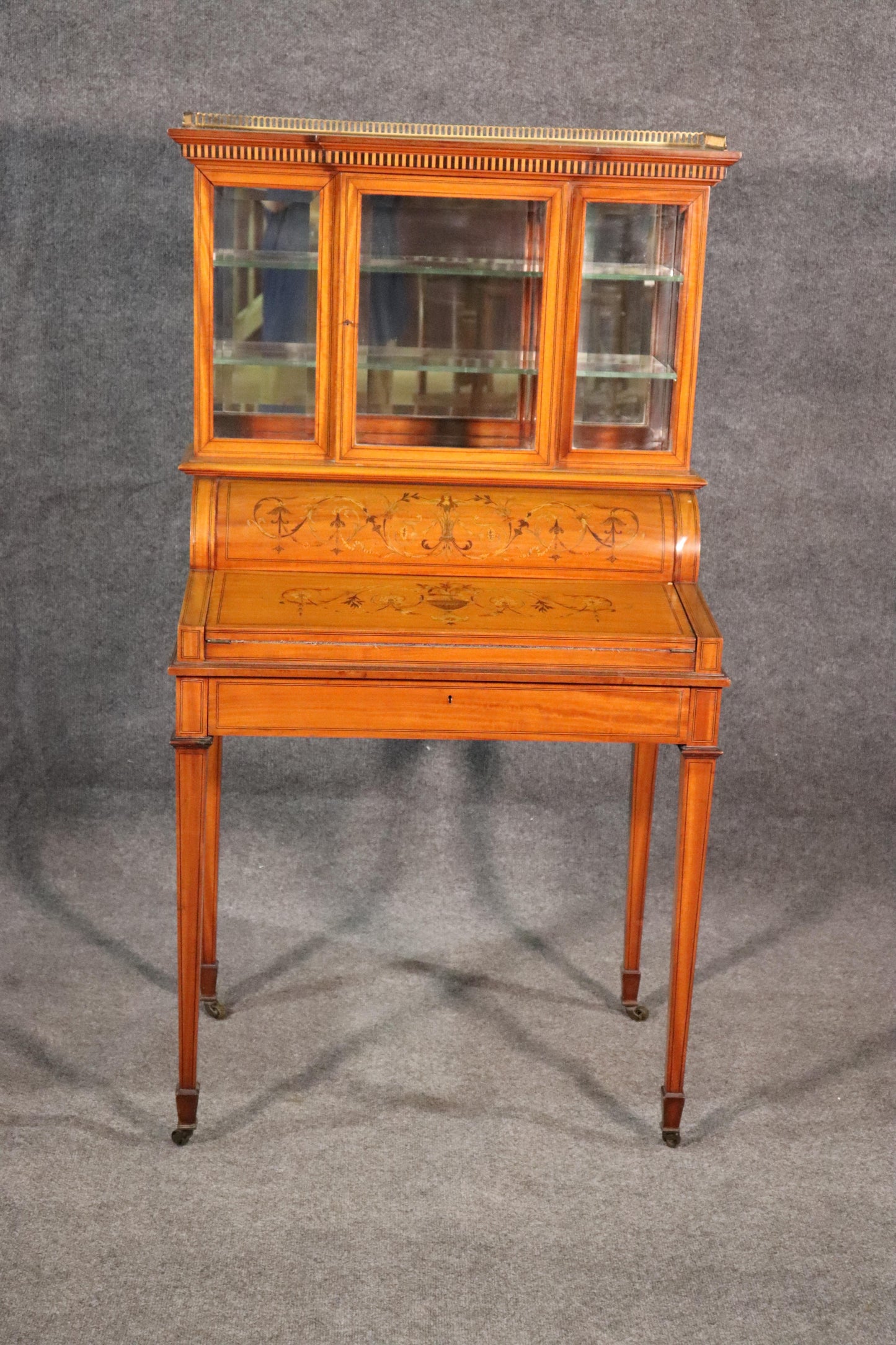 English Satinwood Adams Inlaid Secretary Desk Vitrine Top with Inkwells