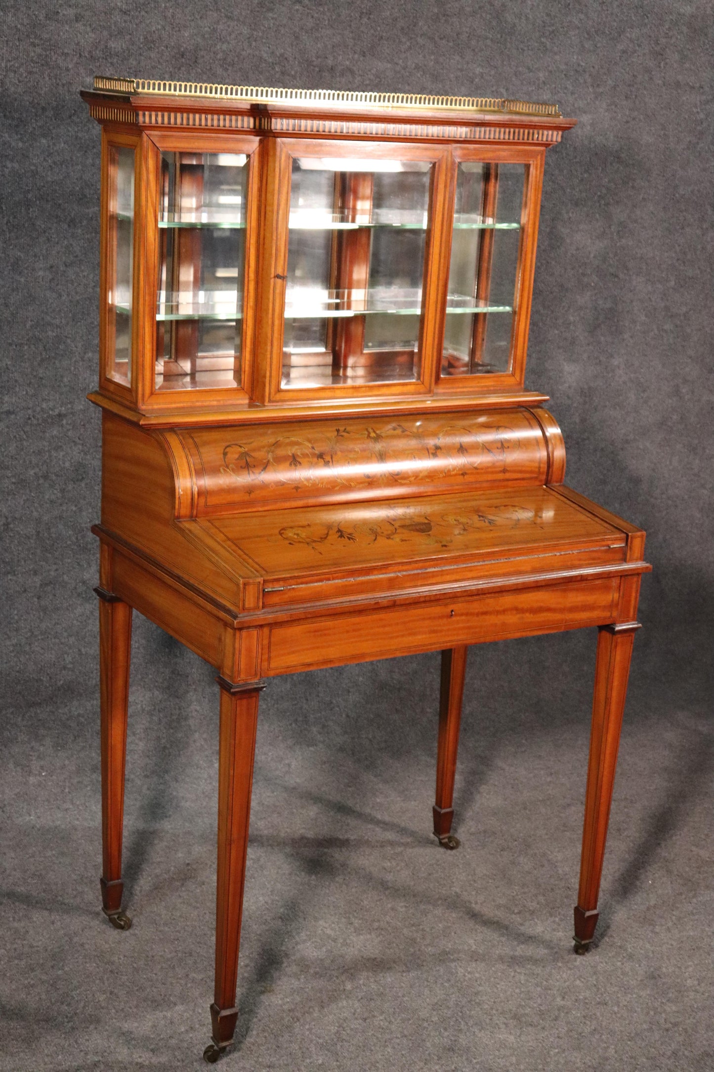 English Satinwood Adams Inlaid Secretary Desk Vitrine Top with Inkwells