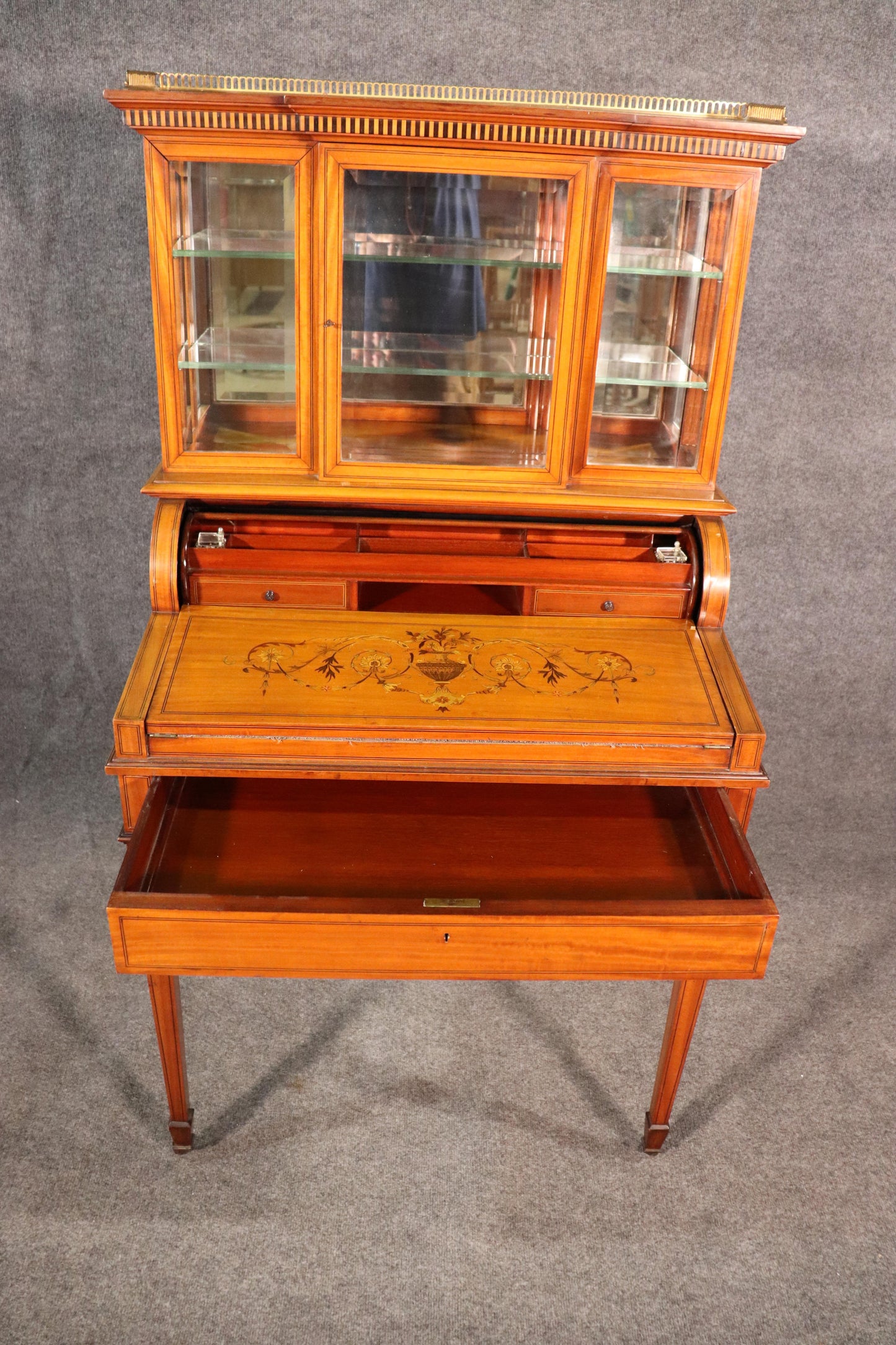 English Satinwood Adams Inlaid Secretary Desk Vitrine Top with Inkwells