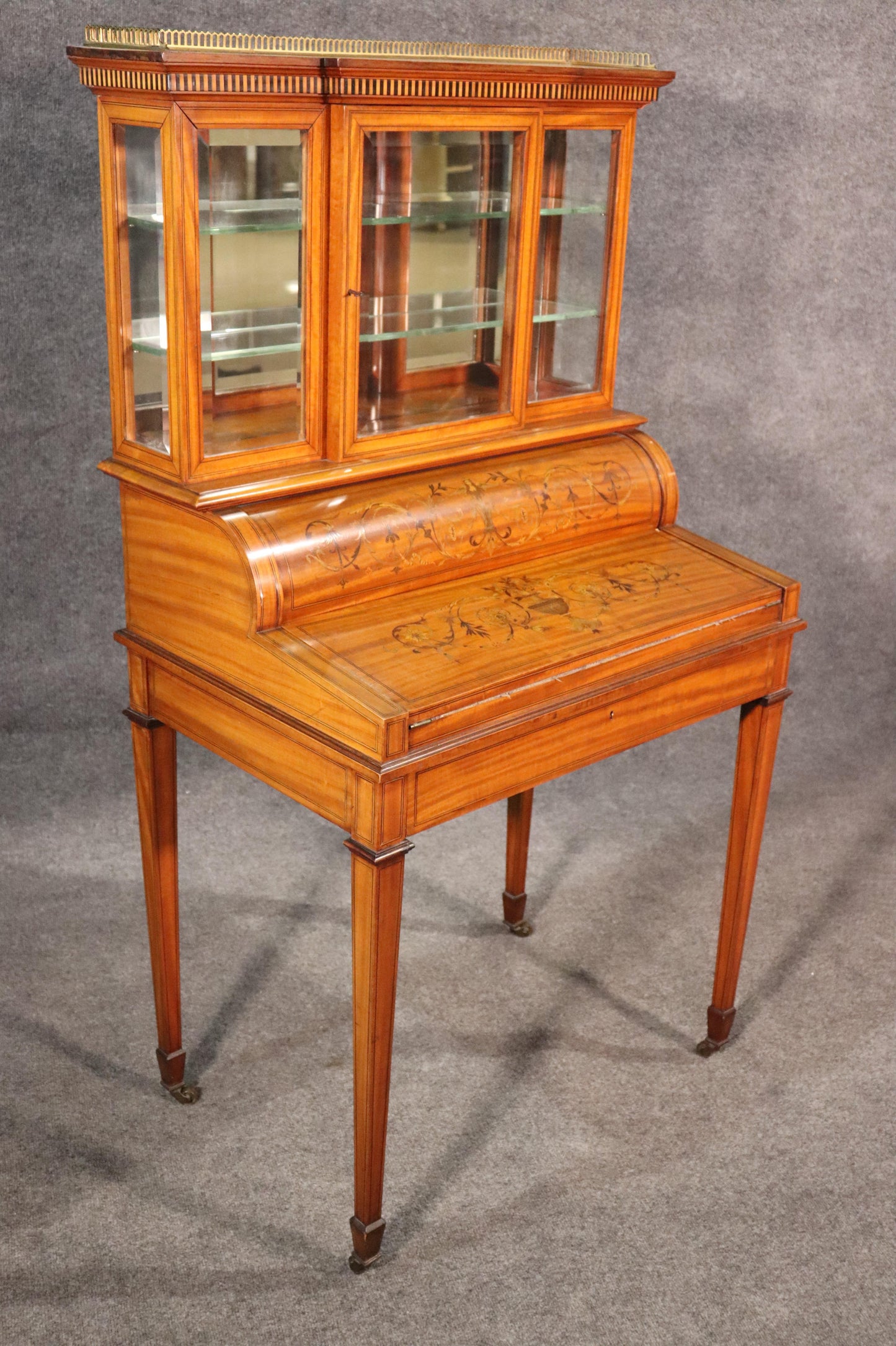 English Satinwood Adams Inlaid Secretary Desk Vitrine Top with Inkwells