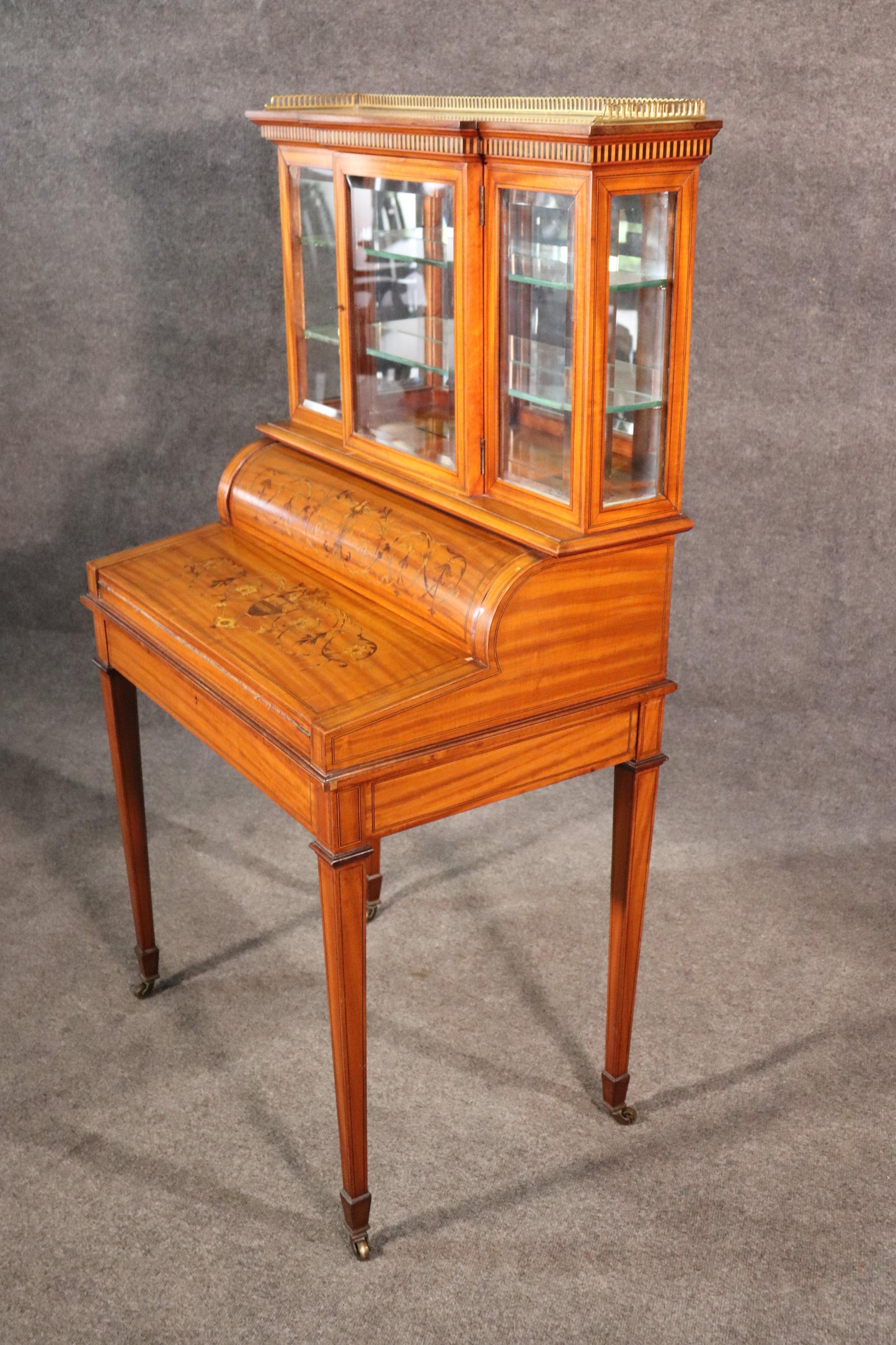 English Satinwood Adams Inlaid Secretary Desk Vitrine Top with Inkwells