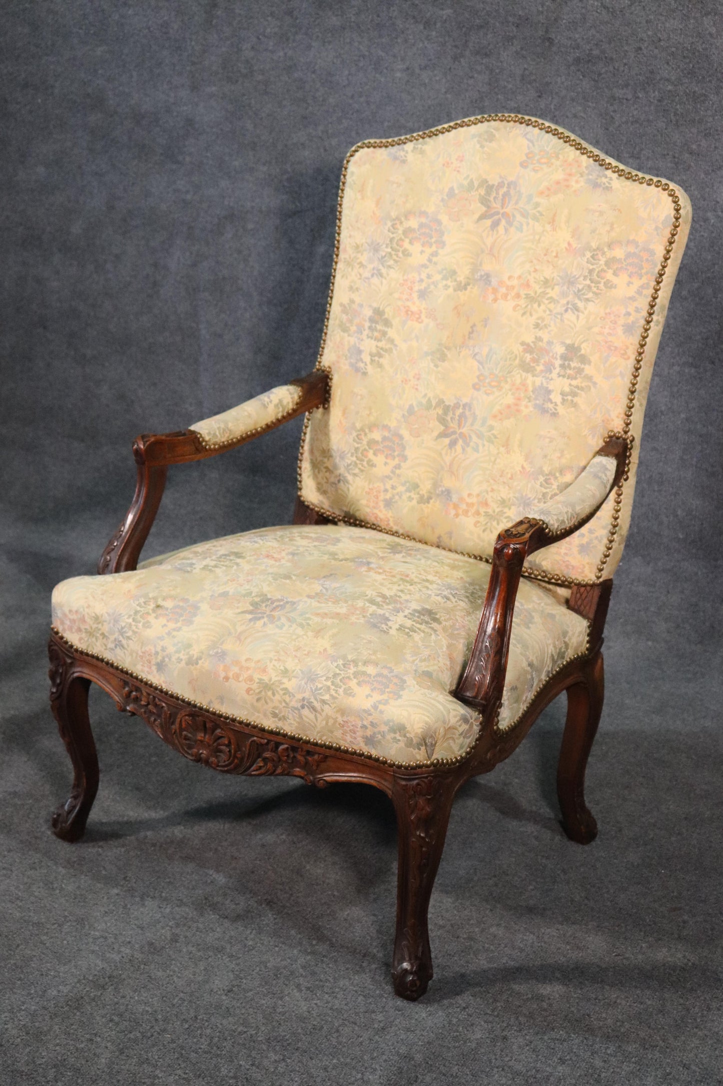 Carved English Walnut Georgian Armchair with Tapestry Upholstery and Nailheads