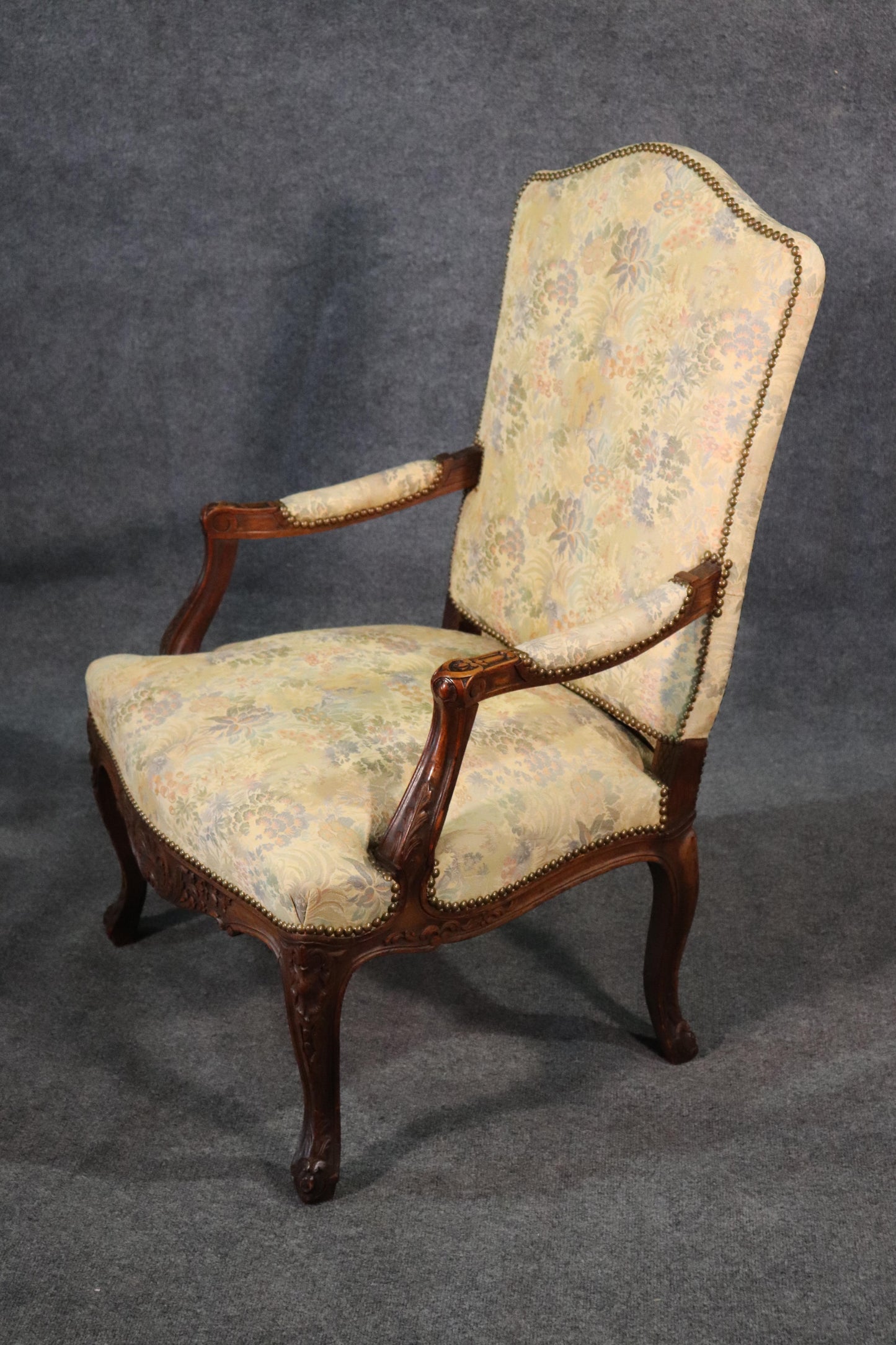 Carved English Walnut Georgian Armchair with Tapestry Upholstery and Nailheads