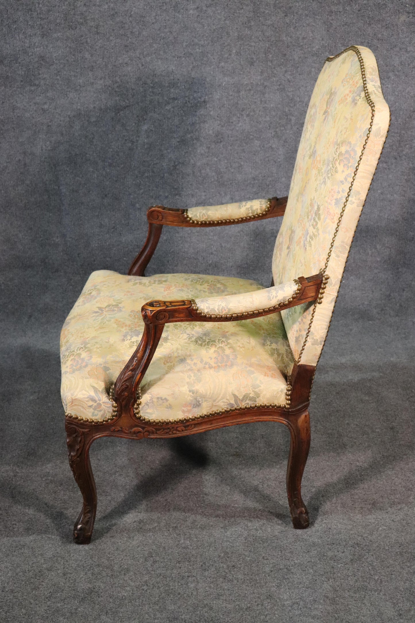 Carved English Walnut Georgian Armchair with Tapestry Upholstery and Nailheads