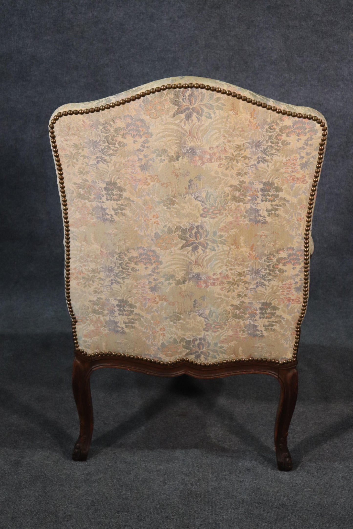 Carved English Walnut Georgian Armchair with Tapestry Upholstery and Nailheads