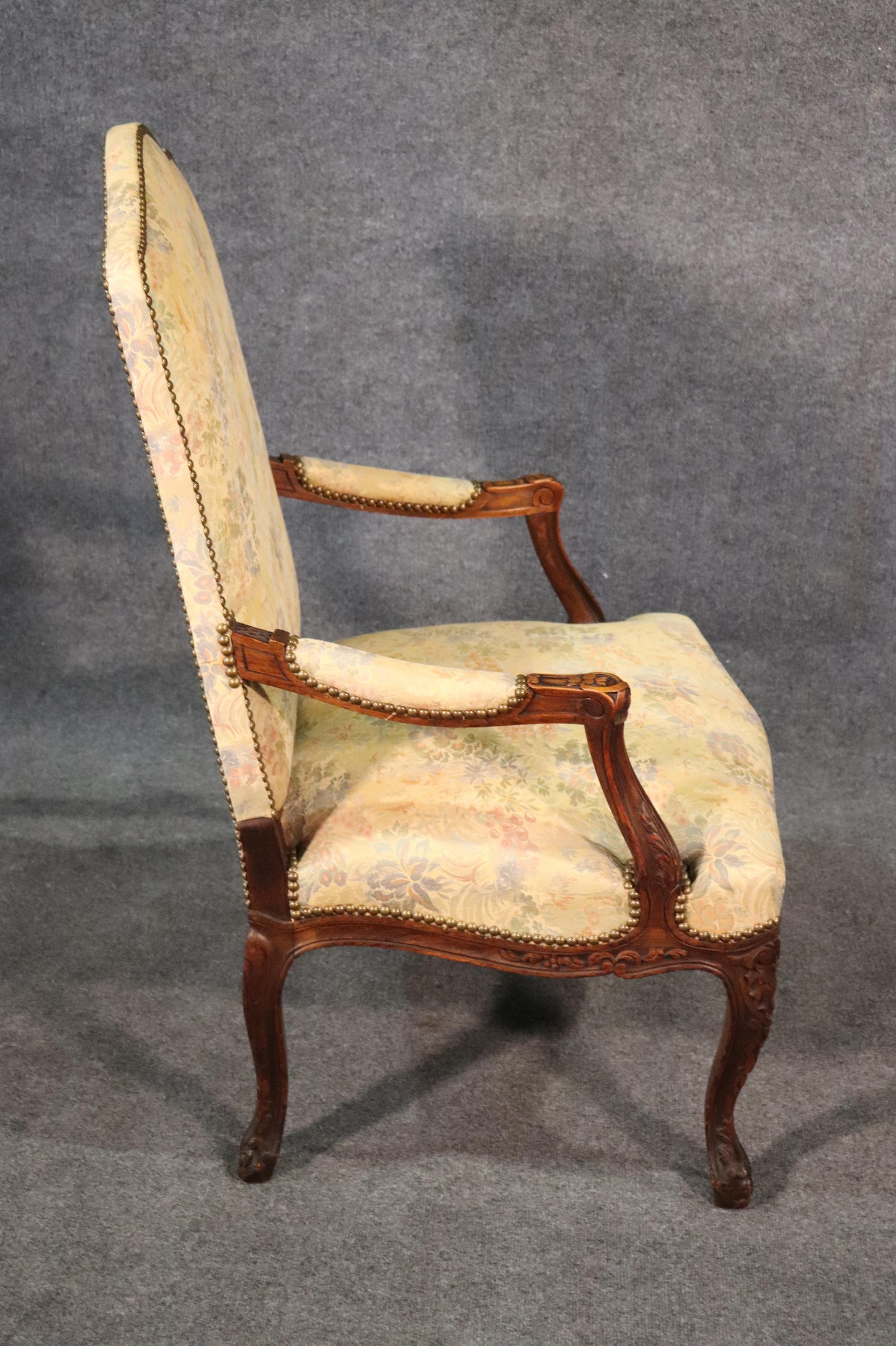 Carved English Walnut Georgian Armchair with Tapestry Upholstery and Nailheads