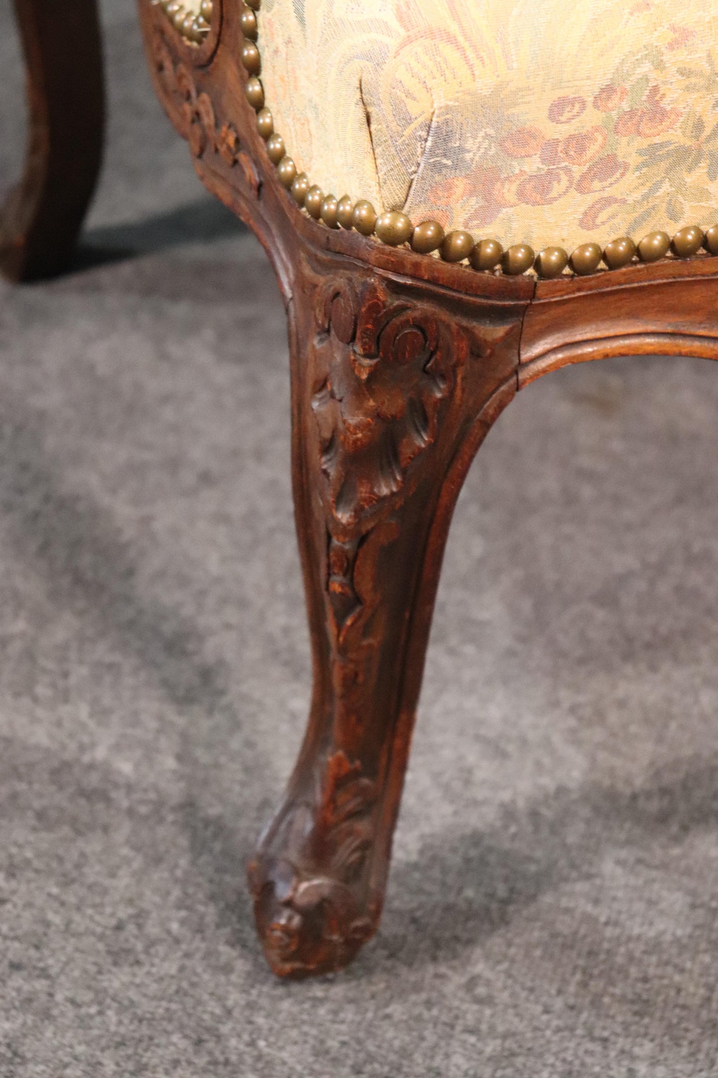 Carved English Walnut Georgian Armchair with Tapestry Upholstery and Nailheads