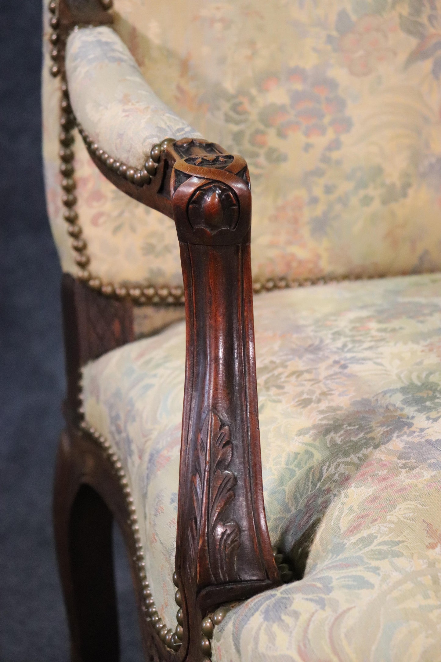 Carved English Walnut Georgian Armchair with Tapestry Upholstery and Nailheads