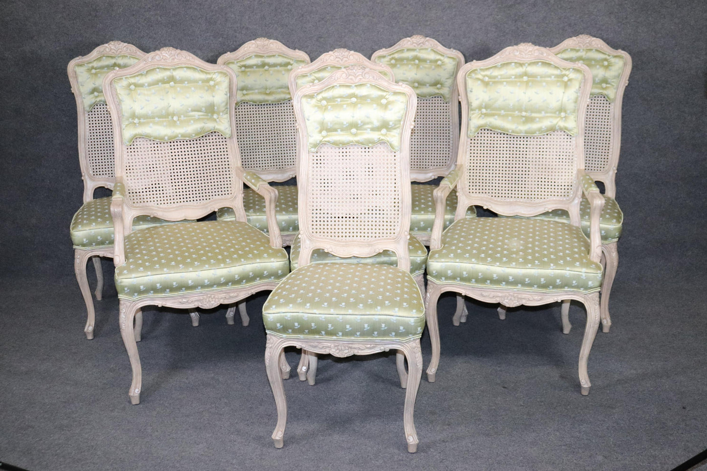 Set 8 Painted Green Upholstered Cane French Louis XV Tall Back Dining Chairs