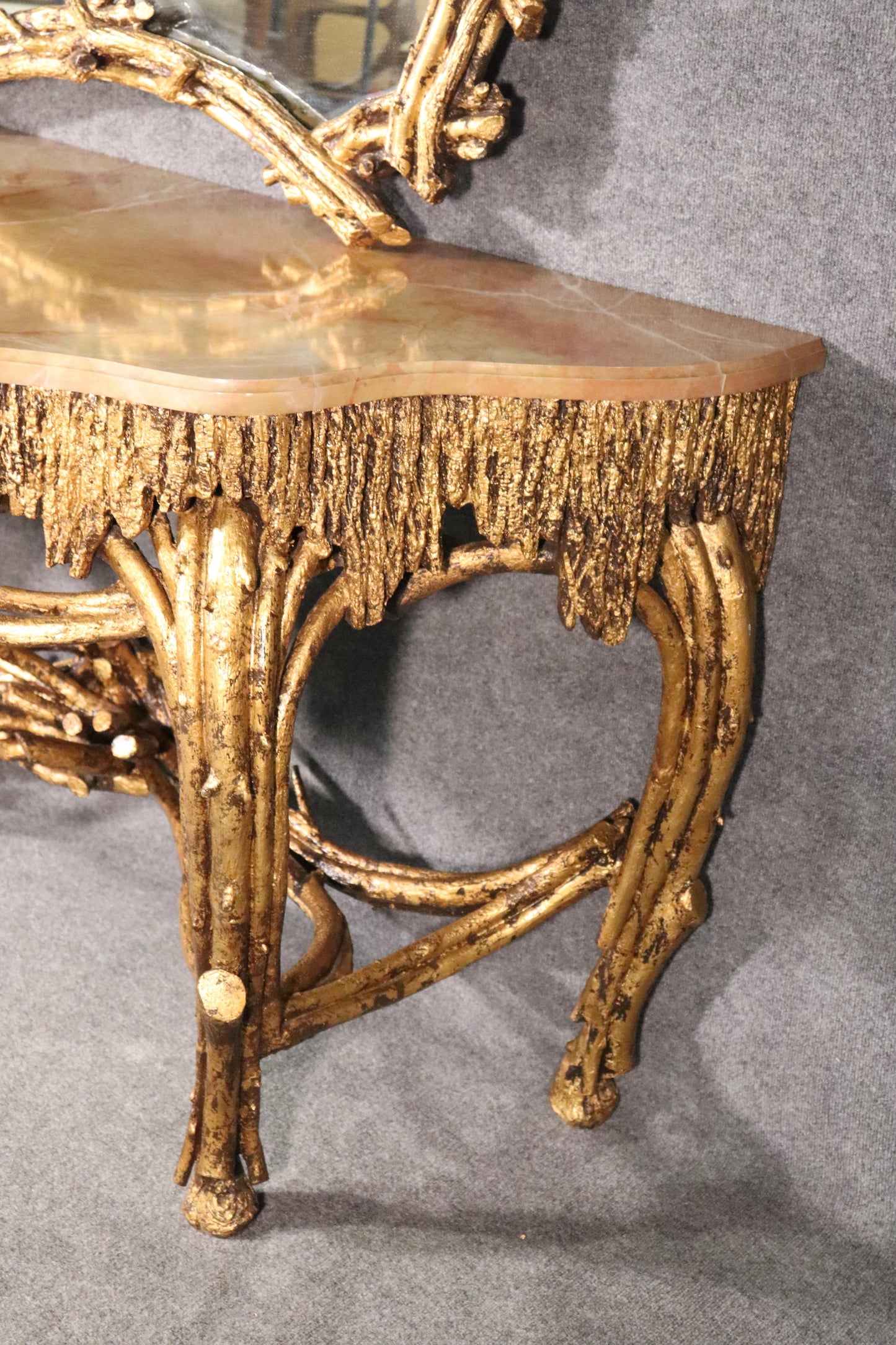 Large Gilded French Louis XVI Style Faux Bois Console Table with Mirror