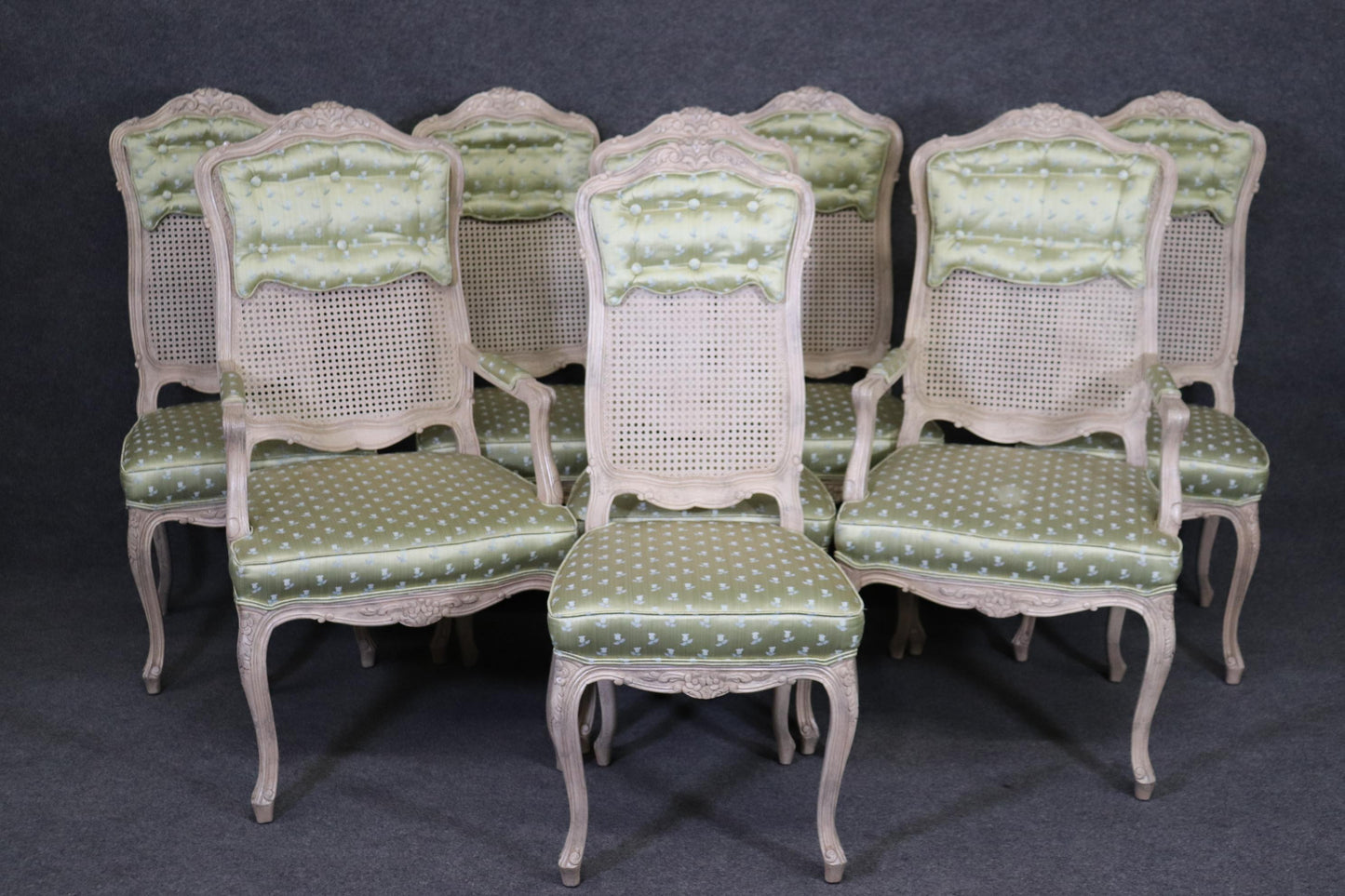 Set 8 Painted Green Upholstered Cane French Louis XV Tall Back Dining Chairs