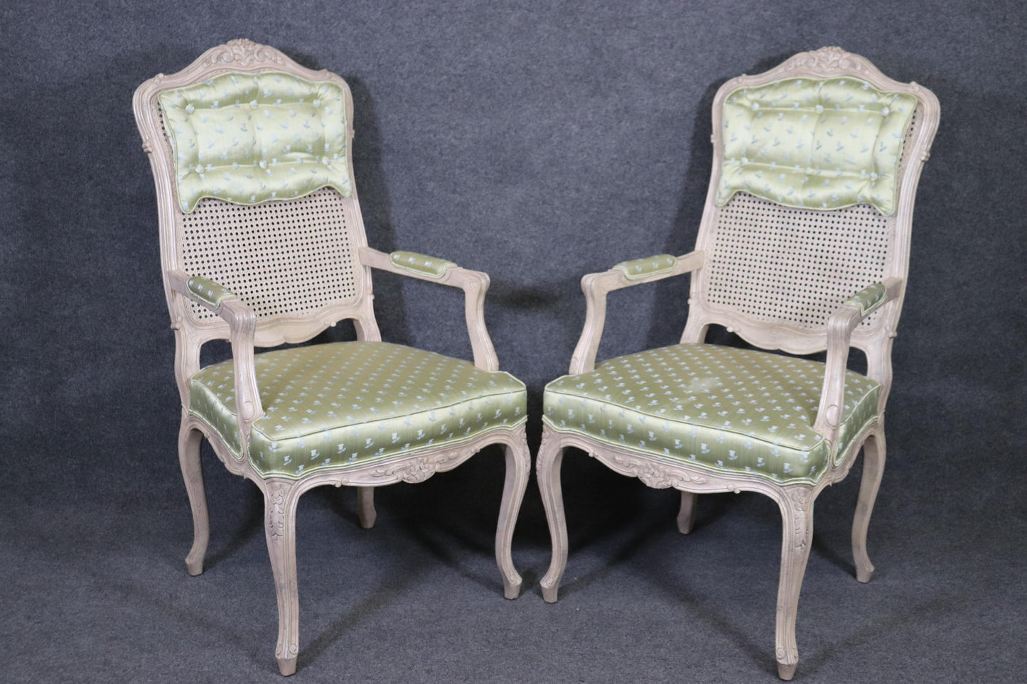 Set 8 Painted Green Upholstered Cane French Louis XV Tall Back Dining Chairs