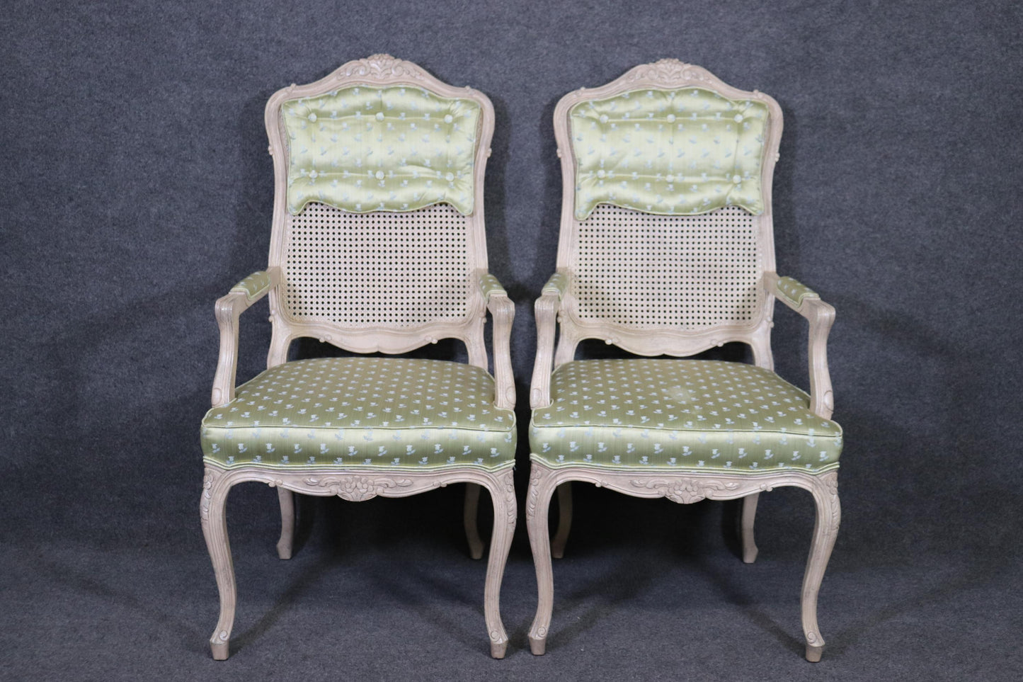 Set 8 Painted Green Upholstered Cane French Louis XV Tall Back Dining Chairs