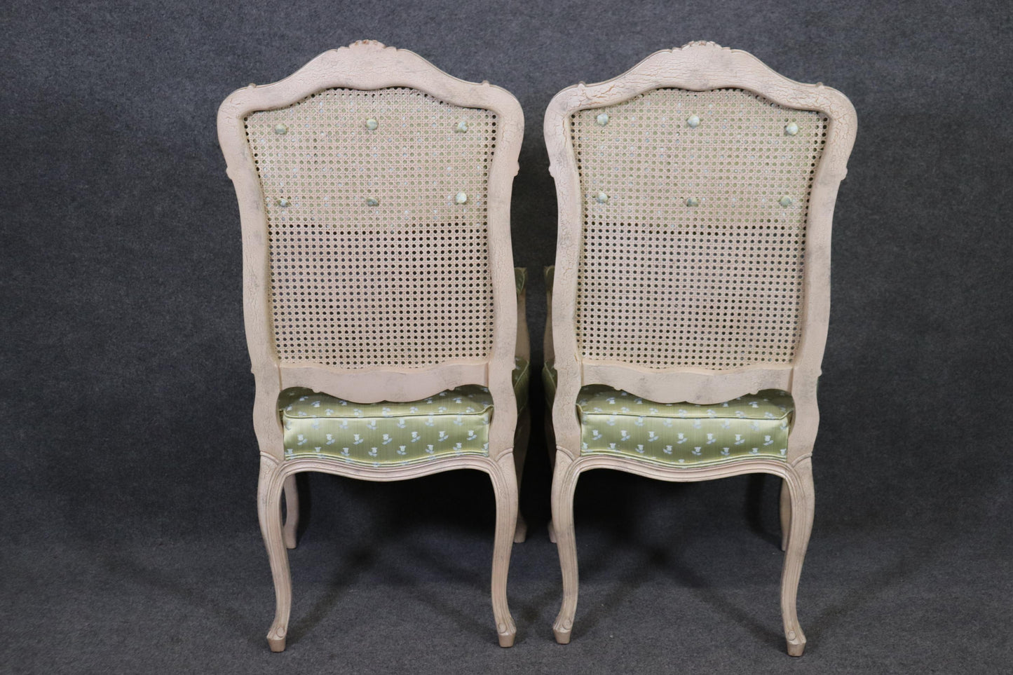 Set 8 Painted Green Upholstered Cane French Louis XV Tall Back Dining Chairs