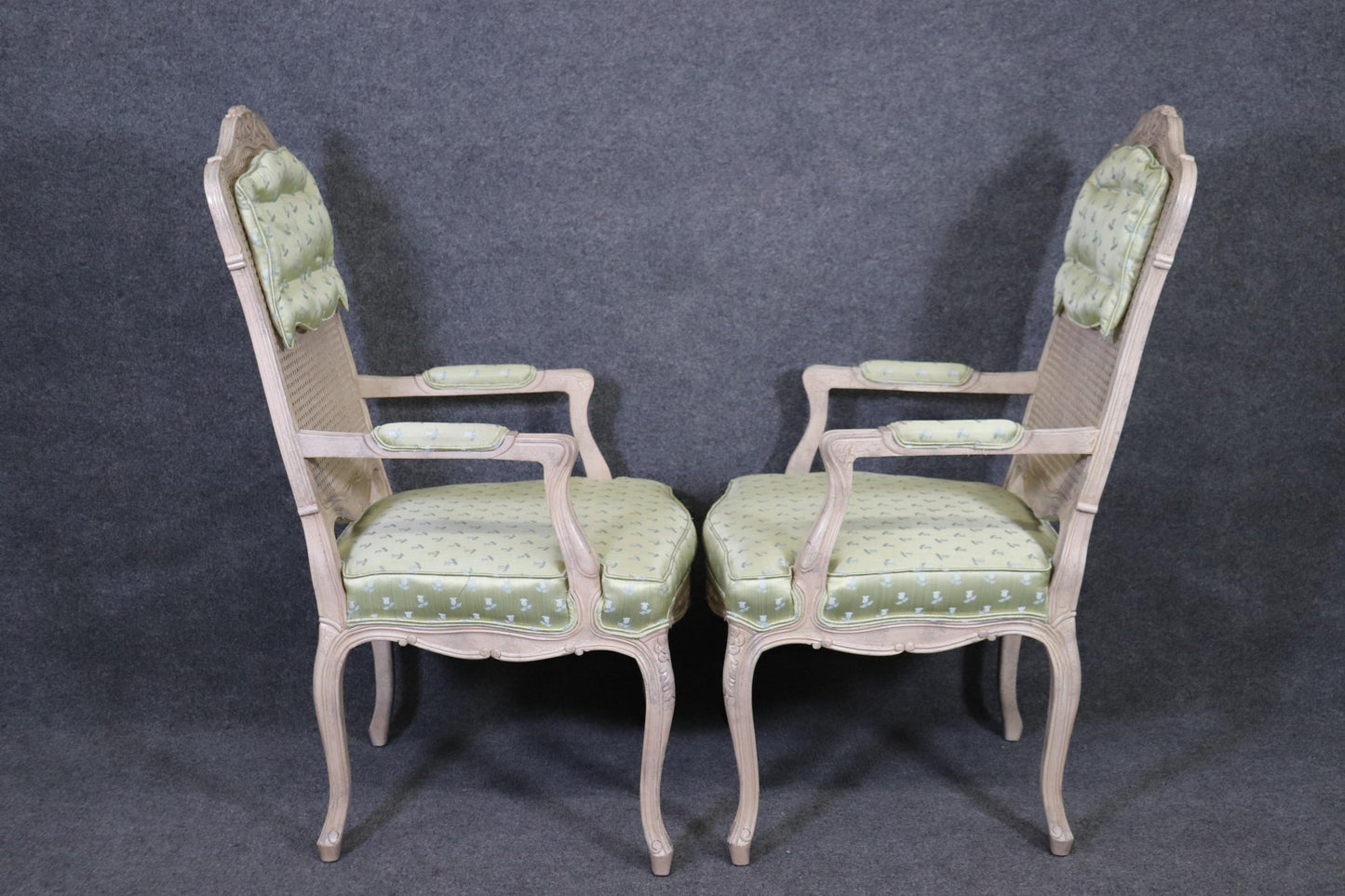 Set 8 Painted Green Upholstered Cane French Louis XV Tall Back Dining Chairs