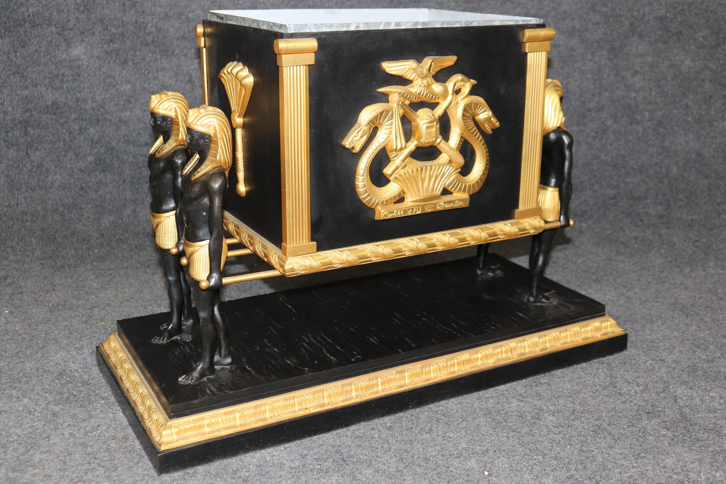 French Egyptian Revival Ebonized Gilt Metal Figural Planter Circa 1950s