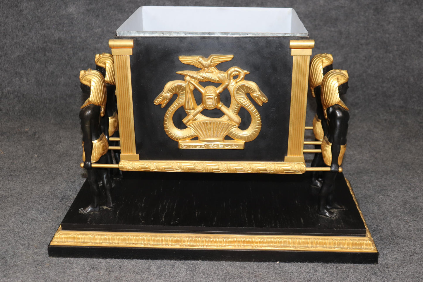 French Egyptian Revival Ebonized Gilt Metal Figural Planter Circa 1950s