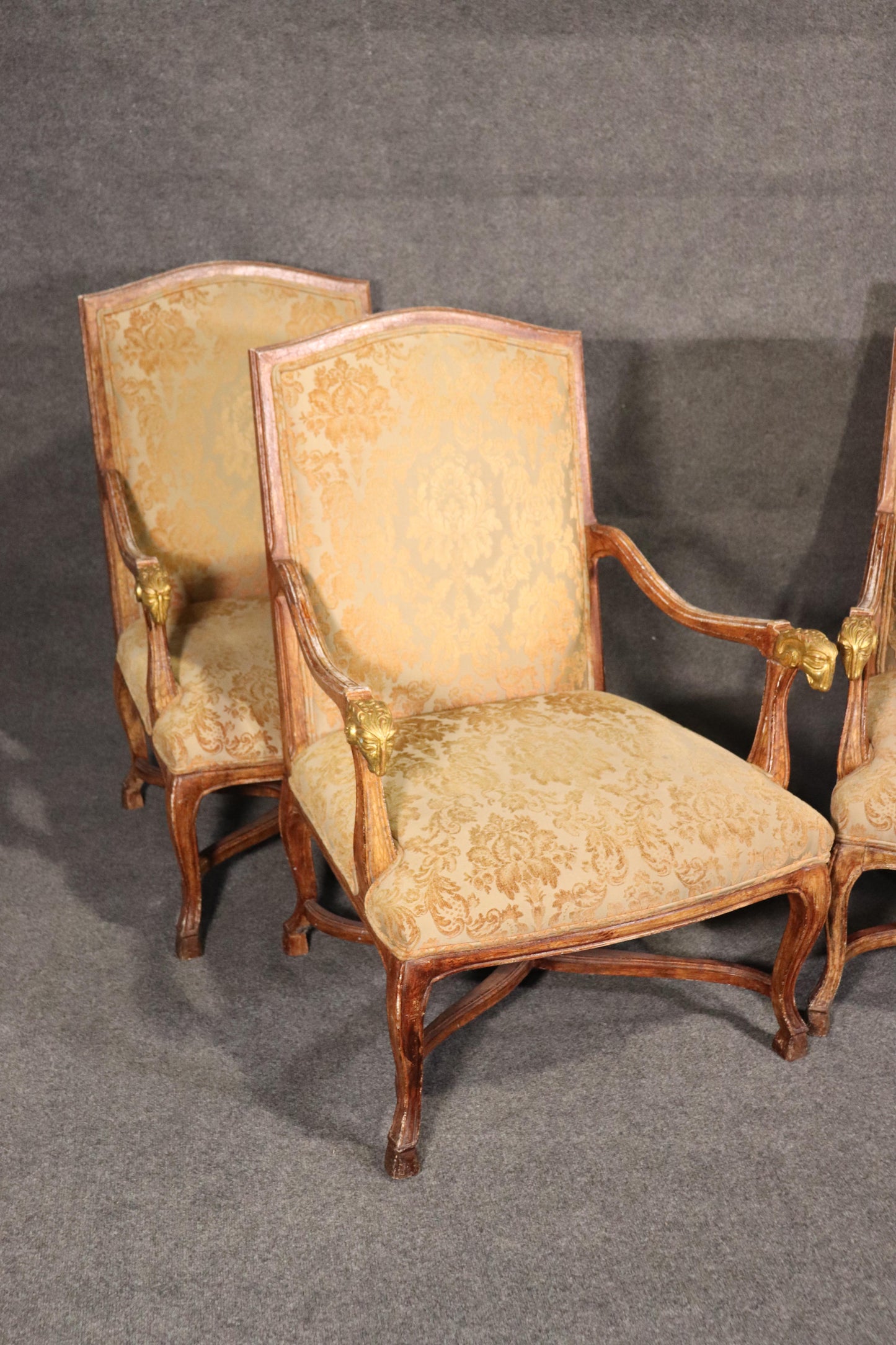 Set 4 French Paint Decorated Giltwood Rams Head Armchairs Dining Office Chairs