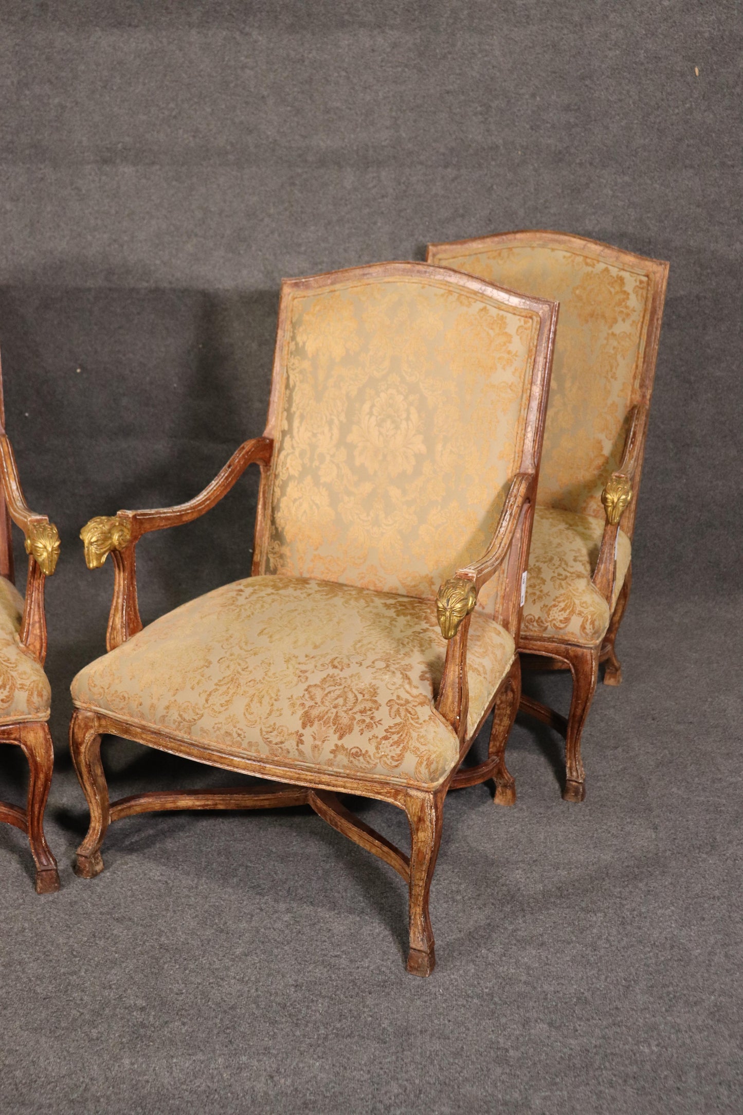 Set 4 French Paint Decorated Giltwood Rams Head Armchairs Dining Office Chairs