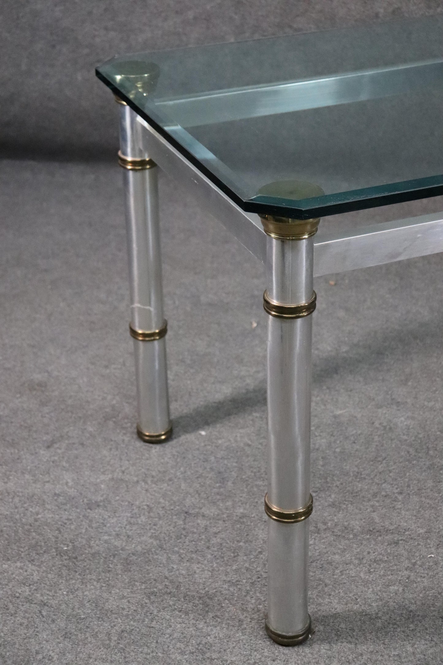 Attributed John Vesey Brass and Glass Metal Dining Table with Beveled Glass Top