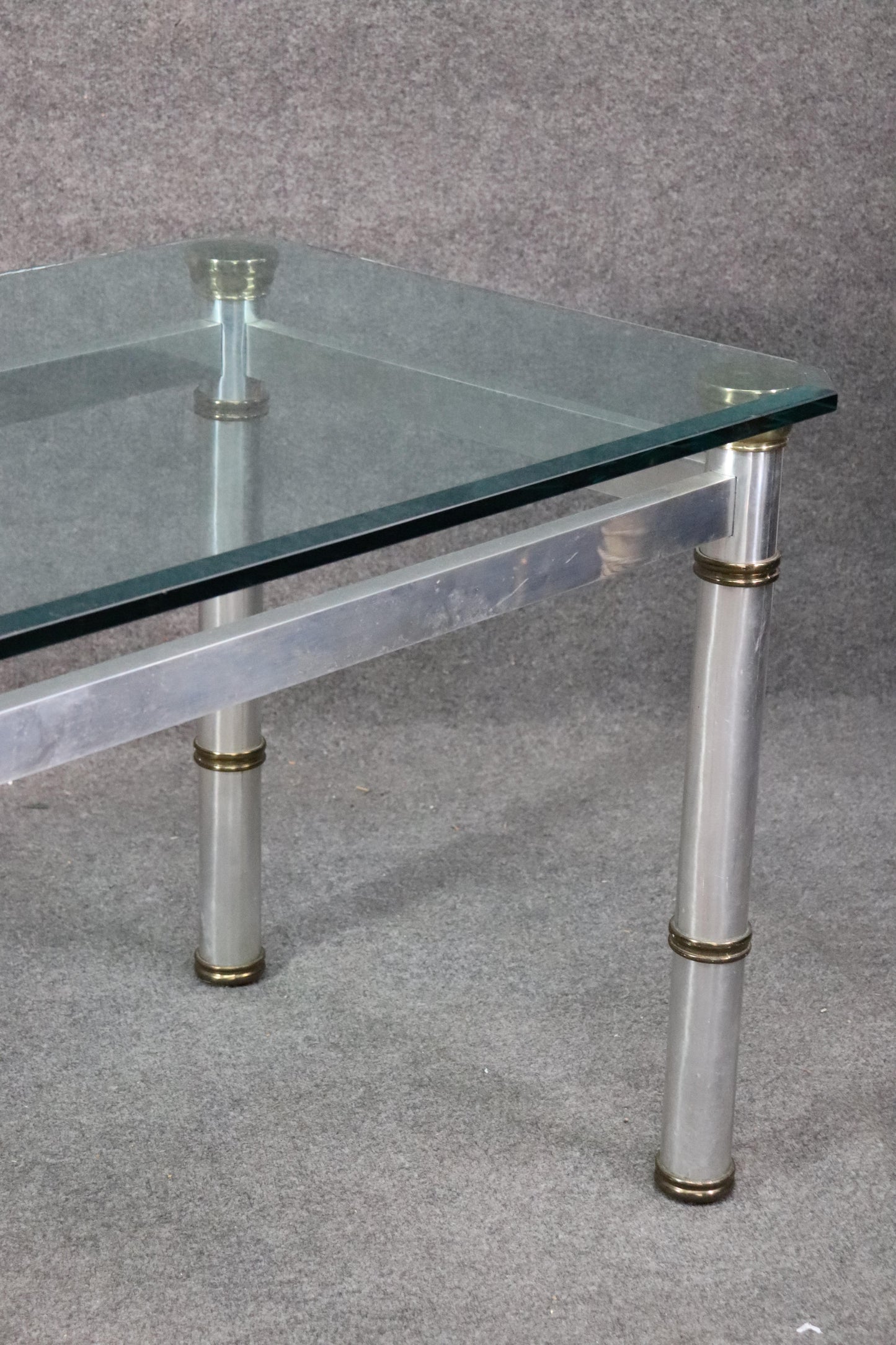 Attributed John Vesey Brass and Glass Metal Dining Table with Beveled Glass Top