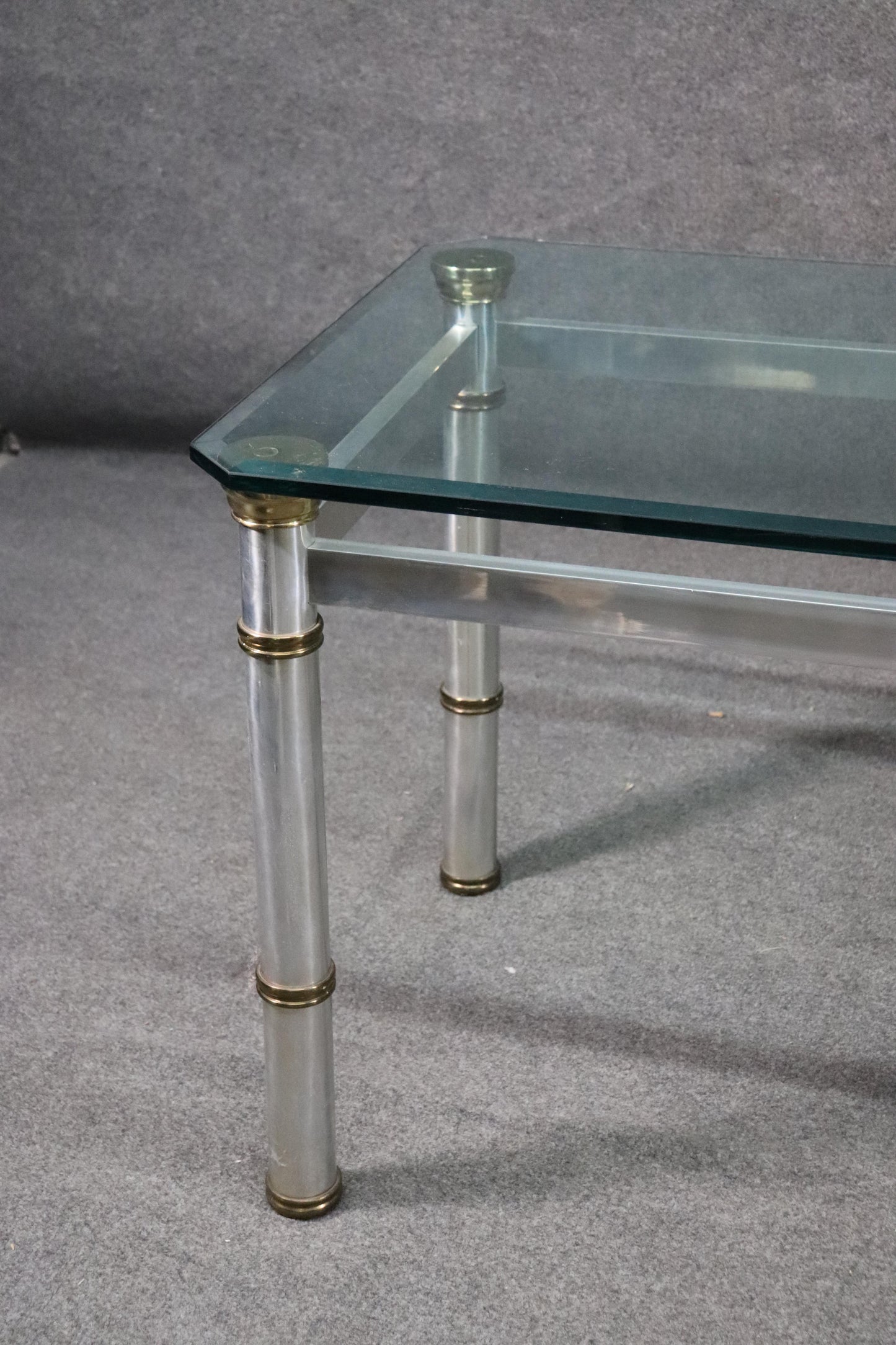 Attributed John Vesey Brass and Glass Metal Dining Table with Beveled Glass Top