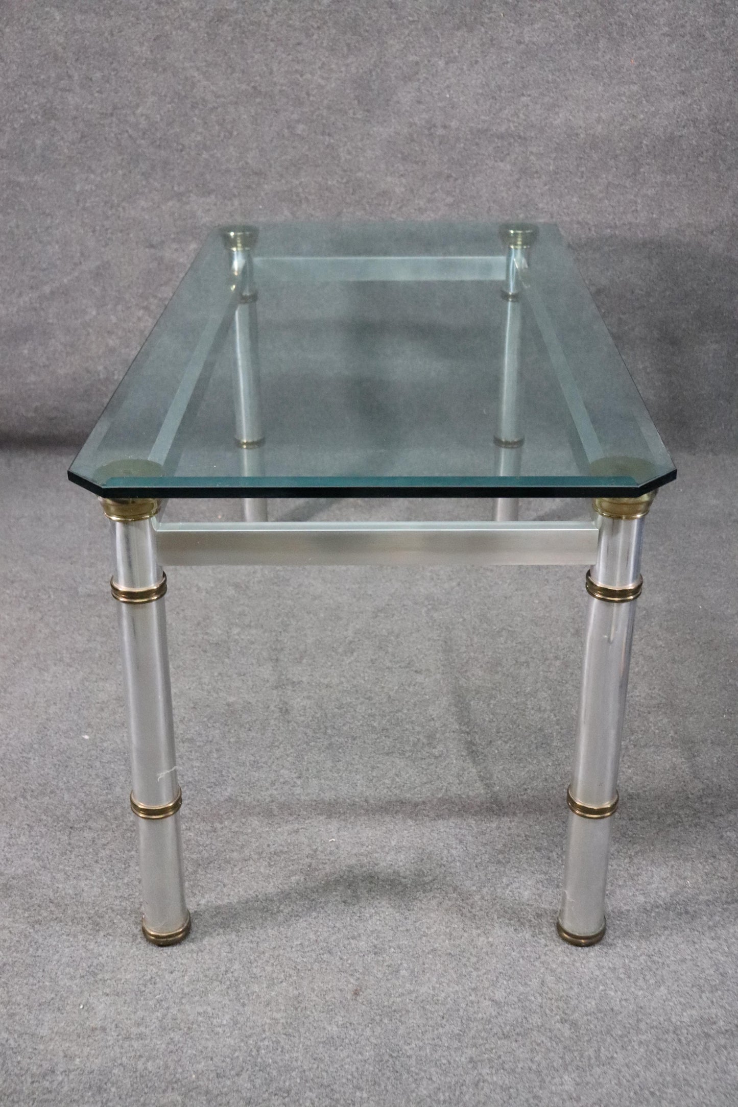 Attributed John Vesey Brass and Glass Metal Dining Table with Beveled Glass Top