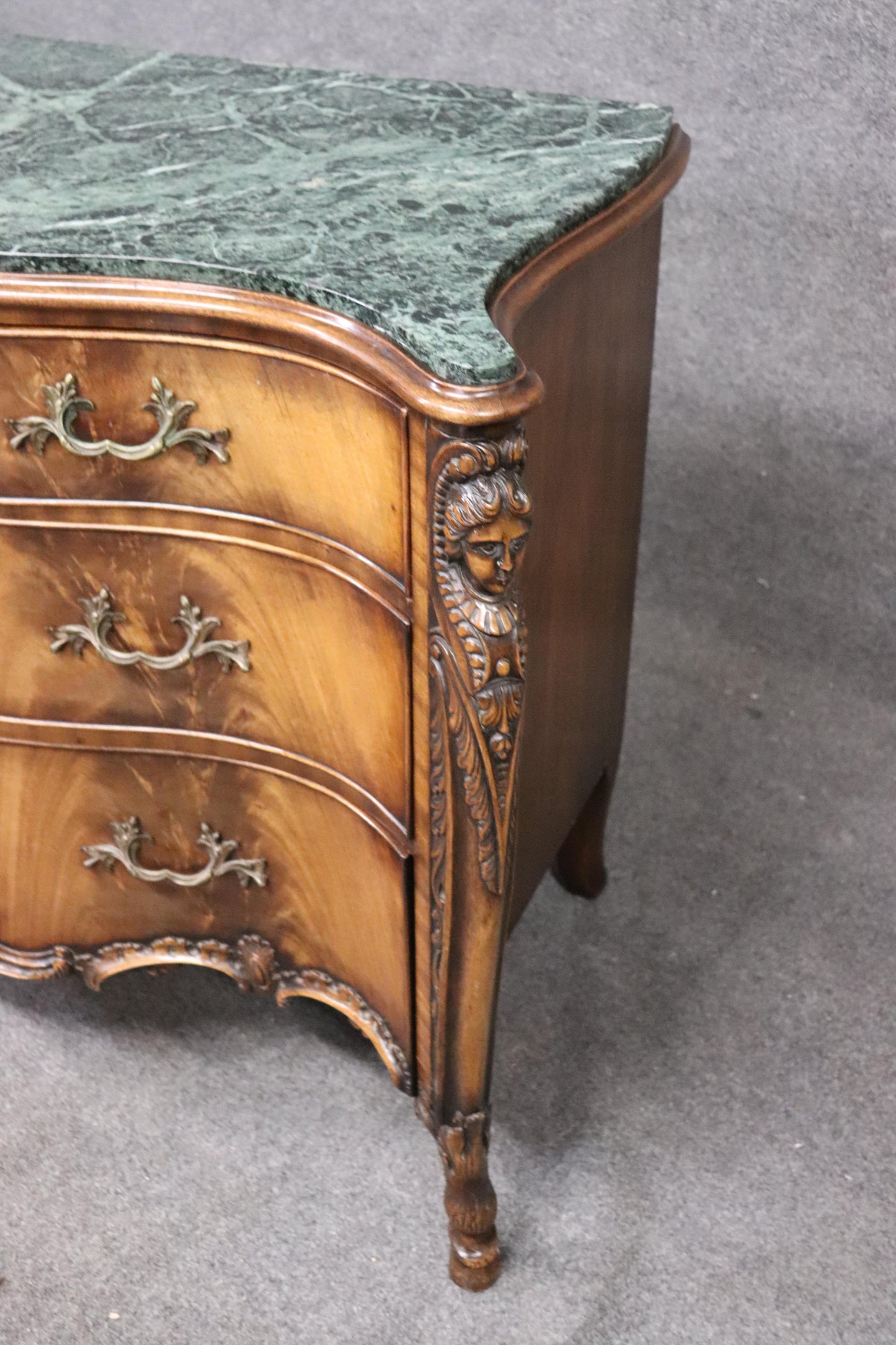 Figural Carved Maidens French Green Marble Top Commode Server Buffet, circa 1940