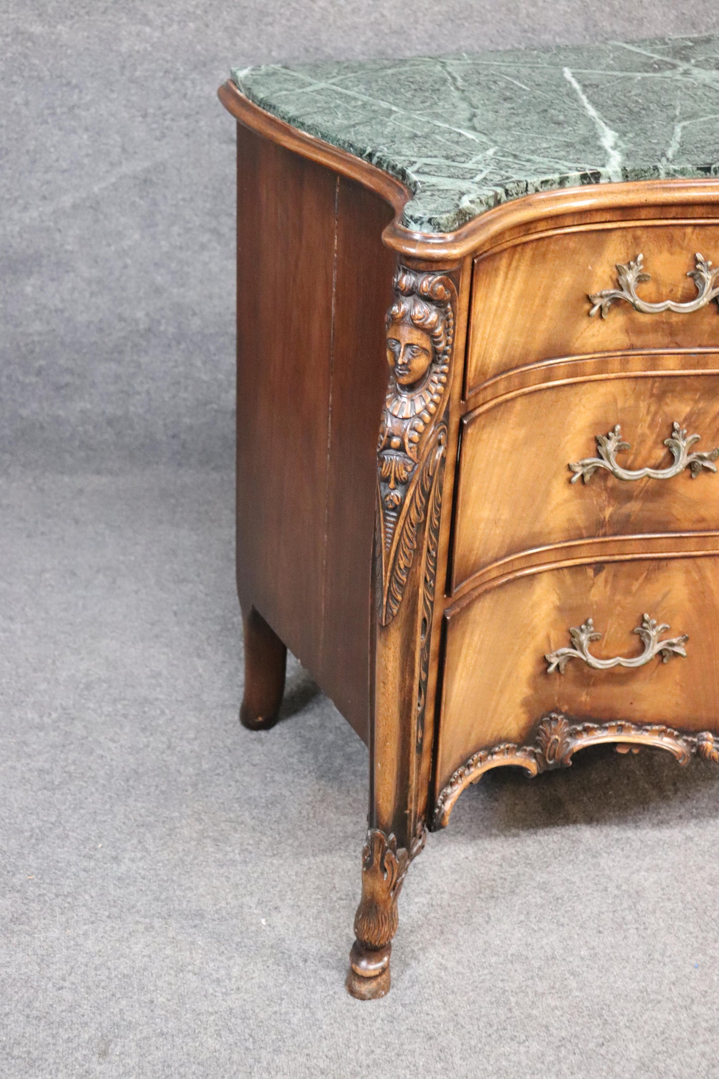 Figural Carved Maidens French Green Marble Top Commode Server Buffet, circa 1940