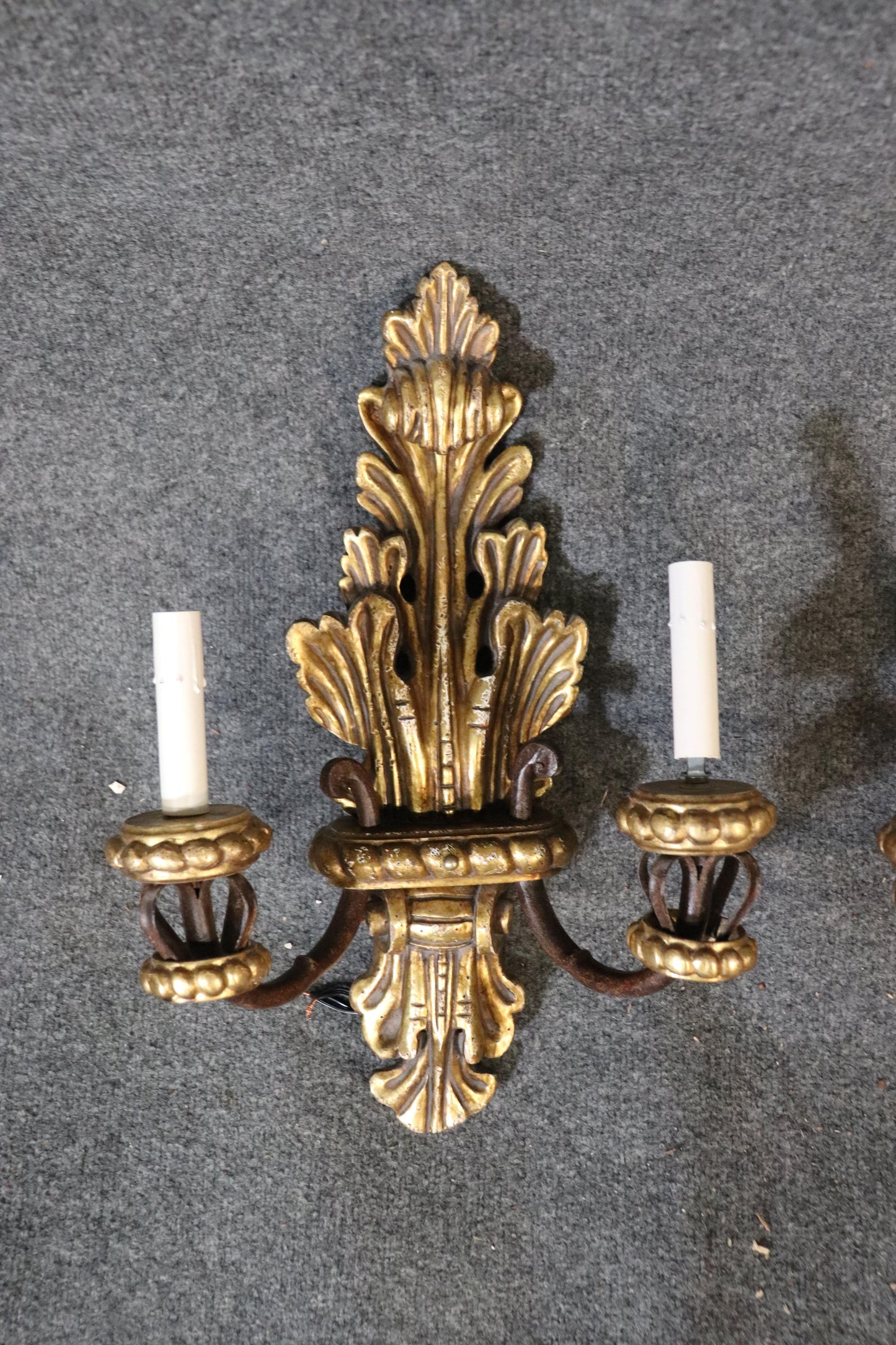 Pair of French Louis XV Gilded Carved Wood Sconces