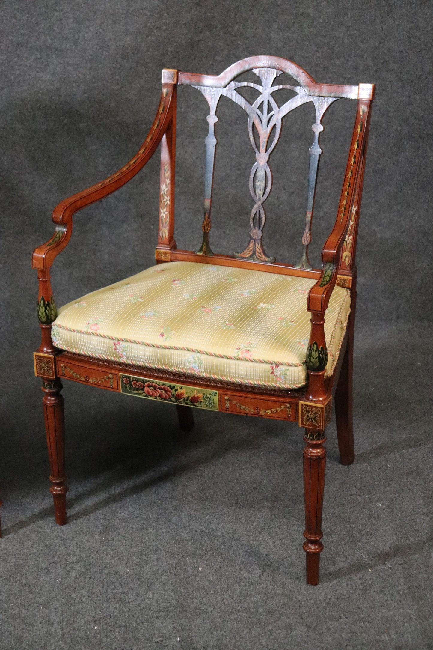 Pair of English Adams Style Satinwood Paint Decorated Cane Seat Armchairs