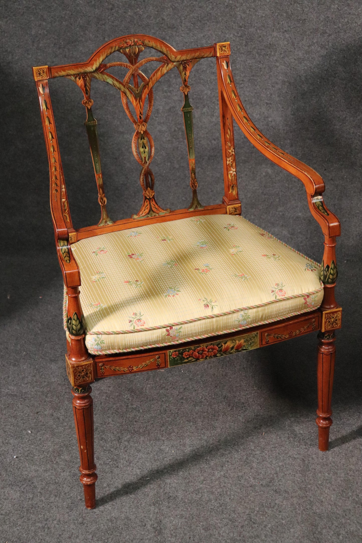 Pair of English Adams Style Satinwood Paint Decorated Cane Seat Armchairs