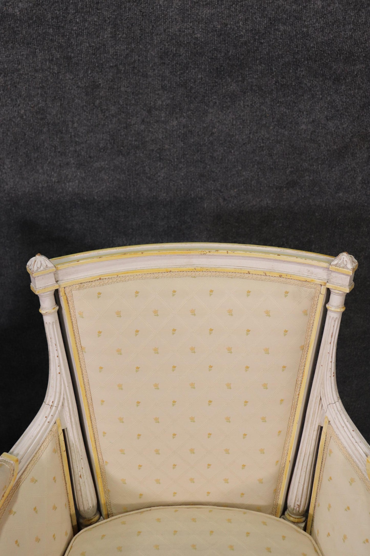 Pair Signed Maison Jansen White Painted Louis XVI Bergère Lounge Chairs C1940