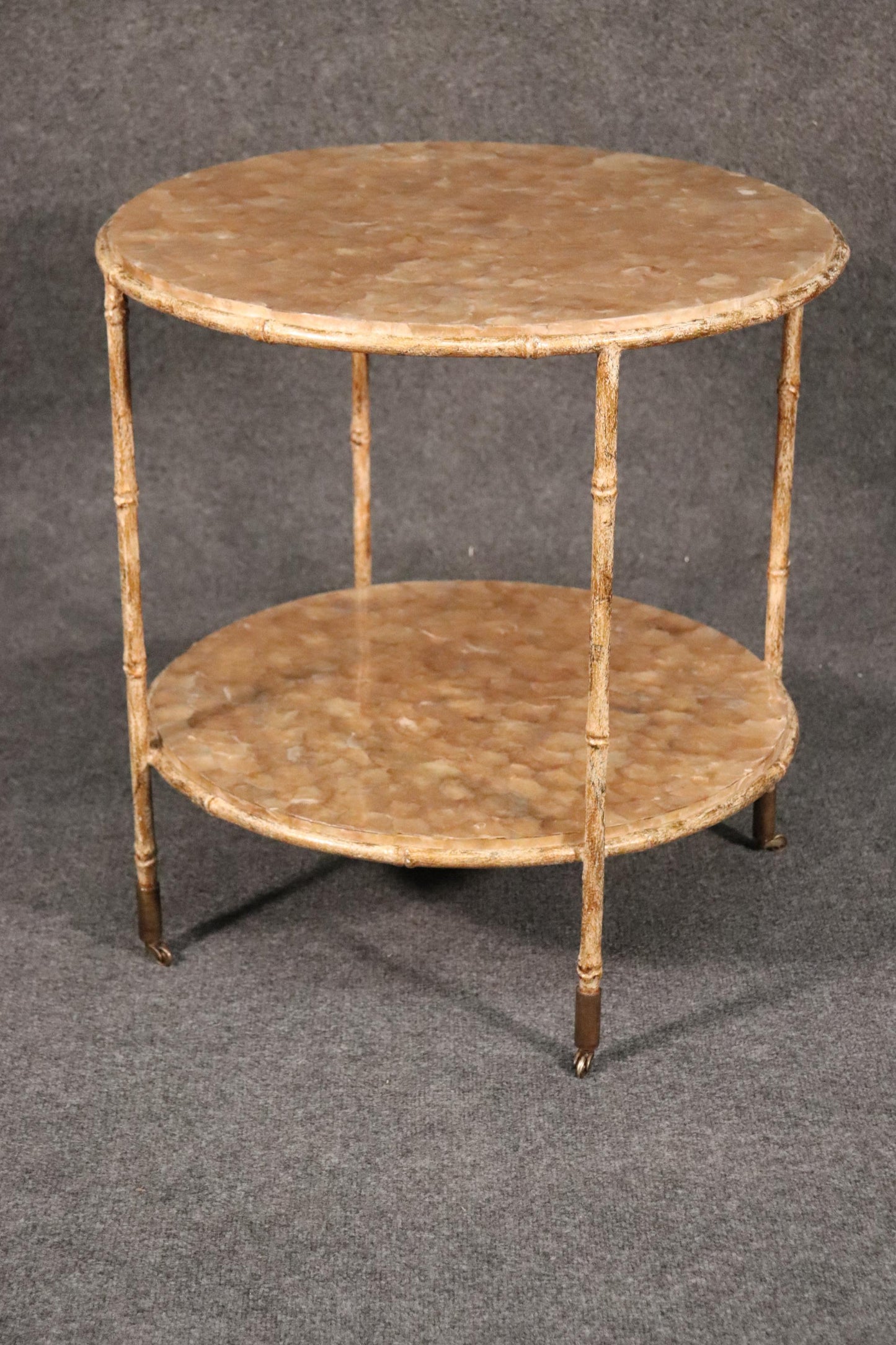 Unique Round Faux Bamboo Capiz Shell Hollywood Regency Two-Tier End Table