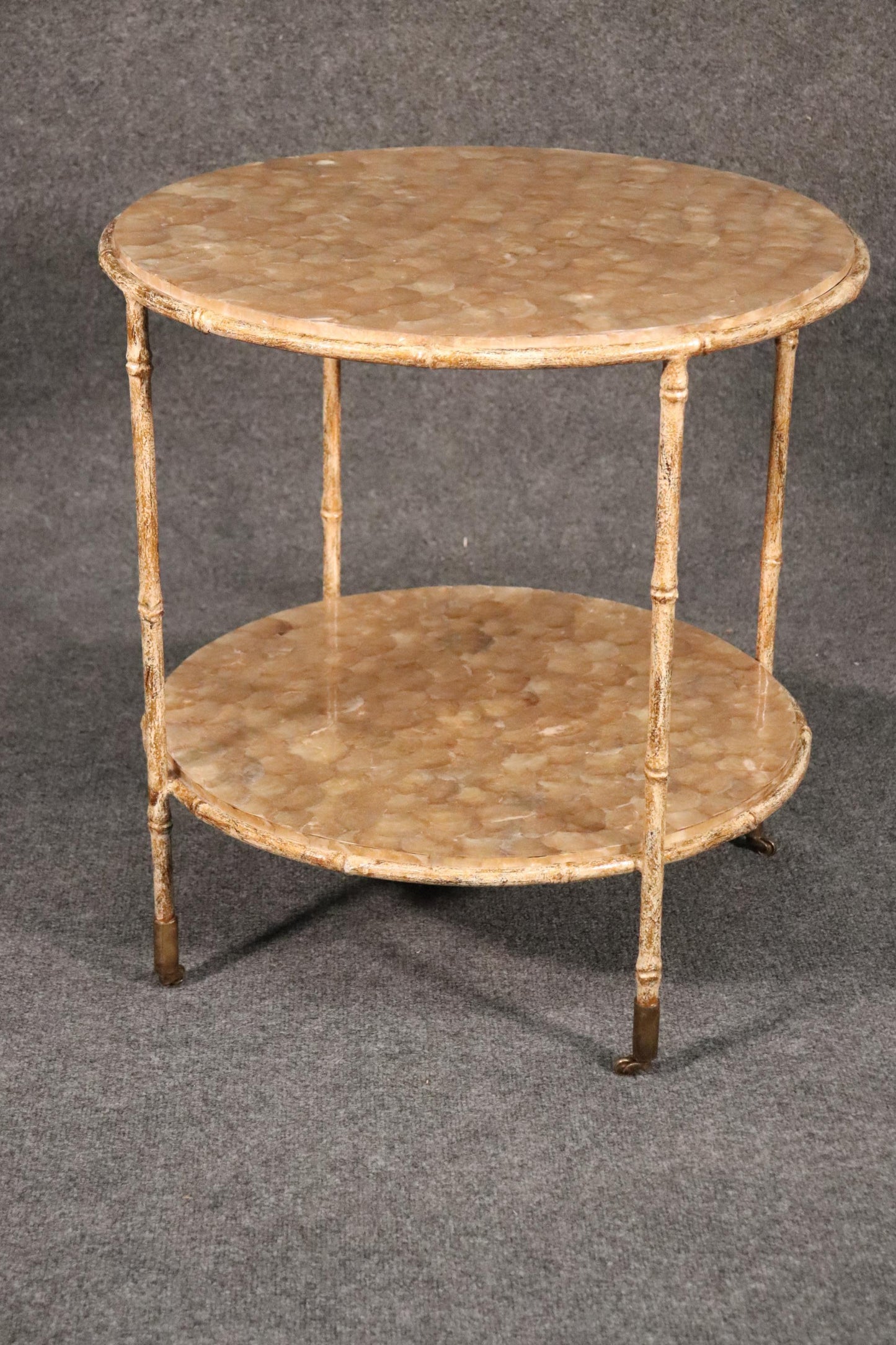 Unique Round Faux Bamboo Capiz Shell Hollywood Regency Two-Tier End Table