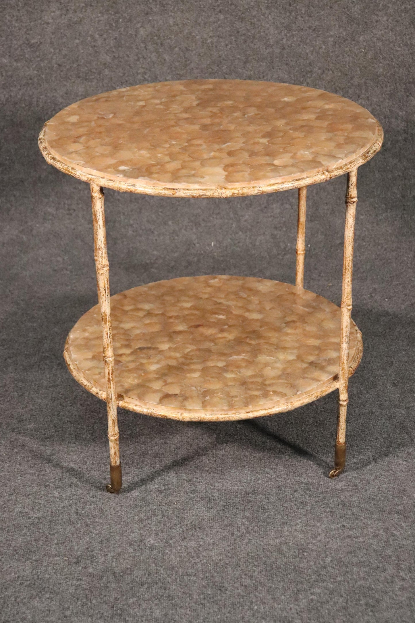 Unique Round Faux Bamboo Capiz Shell Hollywood Regency Two-Tier End Table