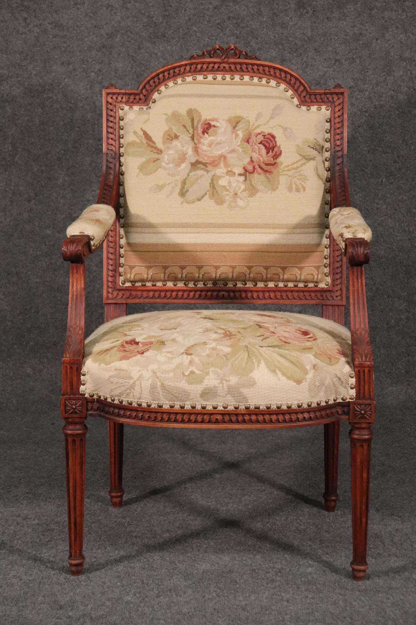 French Louis XVI Needlepoint Fauteuil Armchair in Walnut, circa 1890