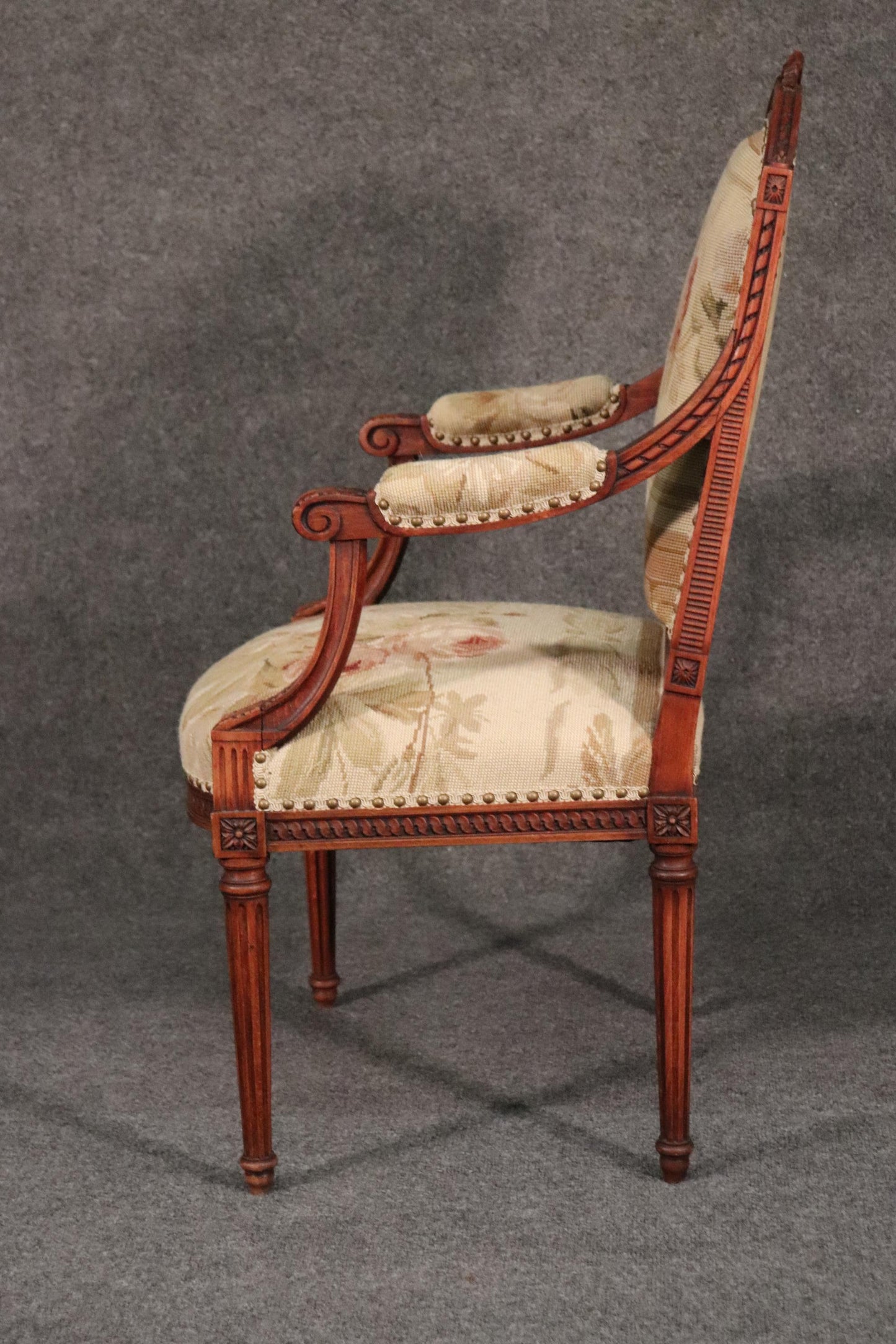 French Louis XVI Needlepoint Fauteuil Armchair in Walnut, circa 1890