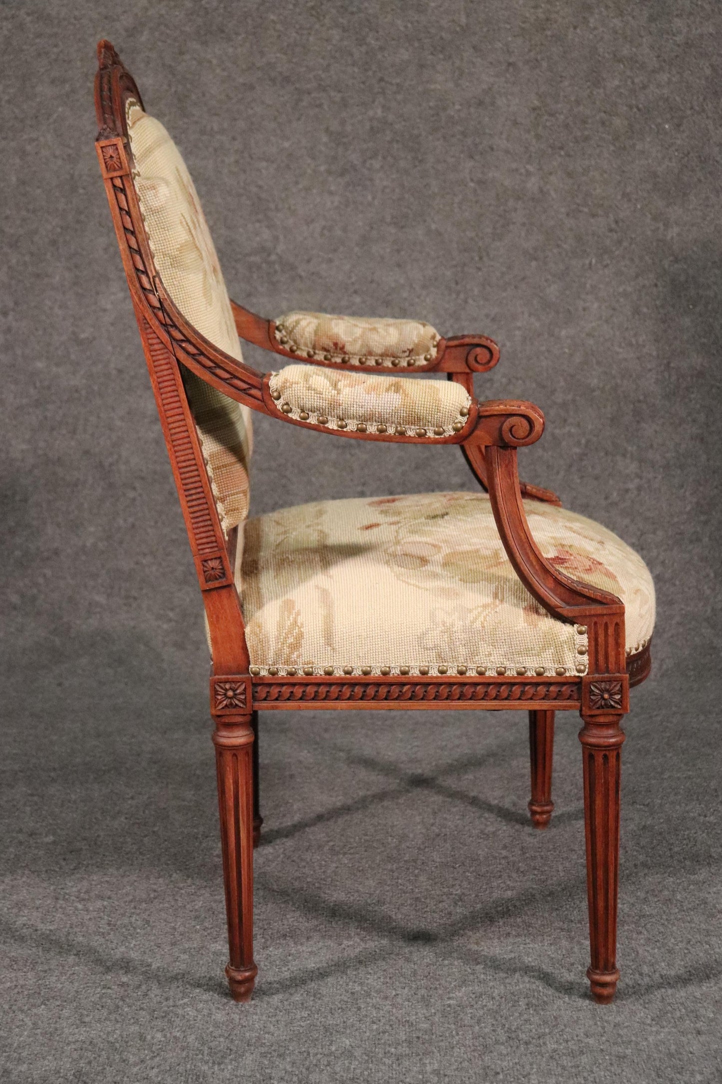 French Louis XVI Needlepoint Fauteuil Armchair in Walnut, circa 1890