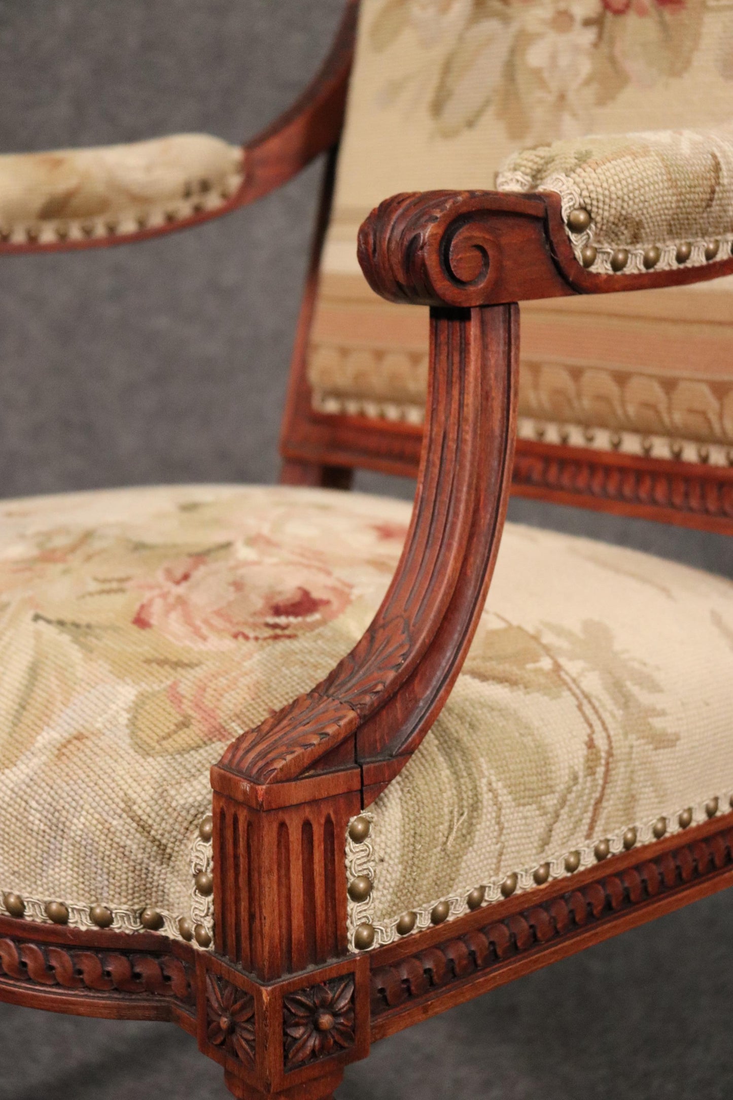 French Louis XVI Needlepoint Fauteuil Armchair in Walnut, circa 1890