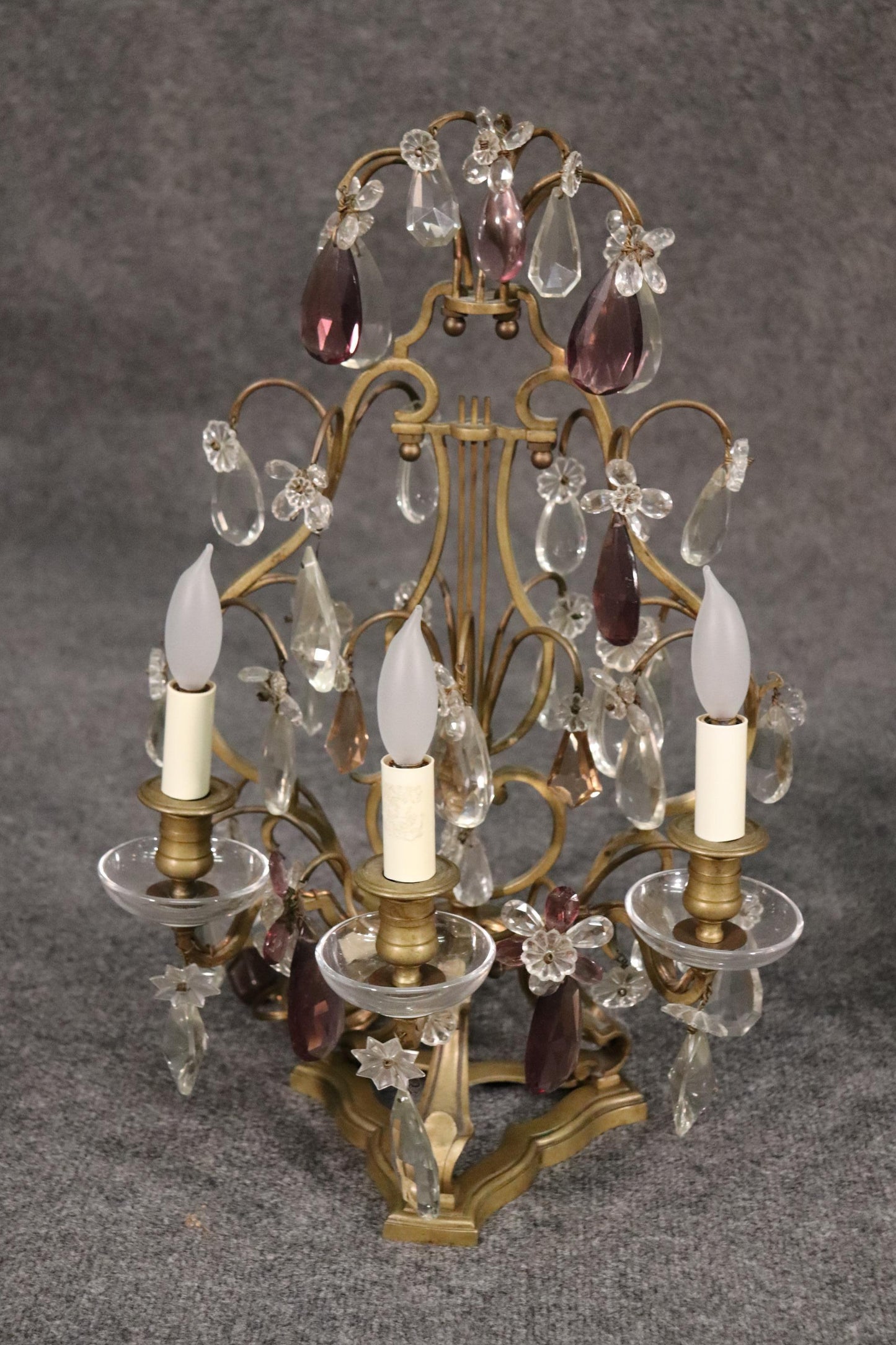 Pair of Fine French Amythest Colored and Clear Crystal Prism Candelabrum