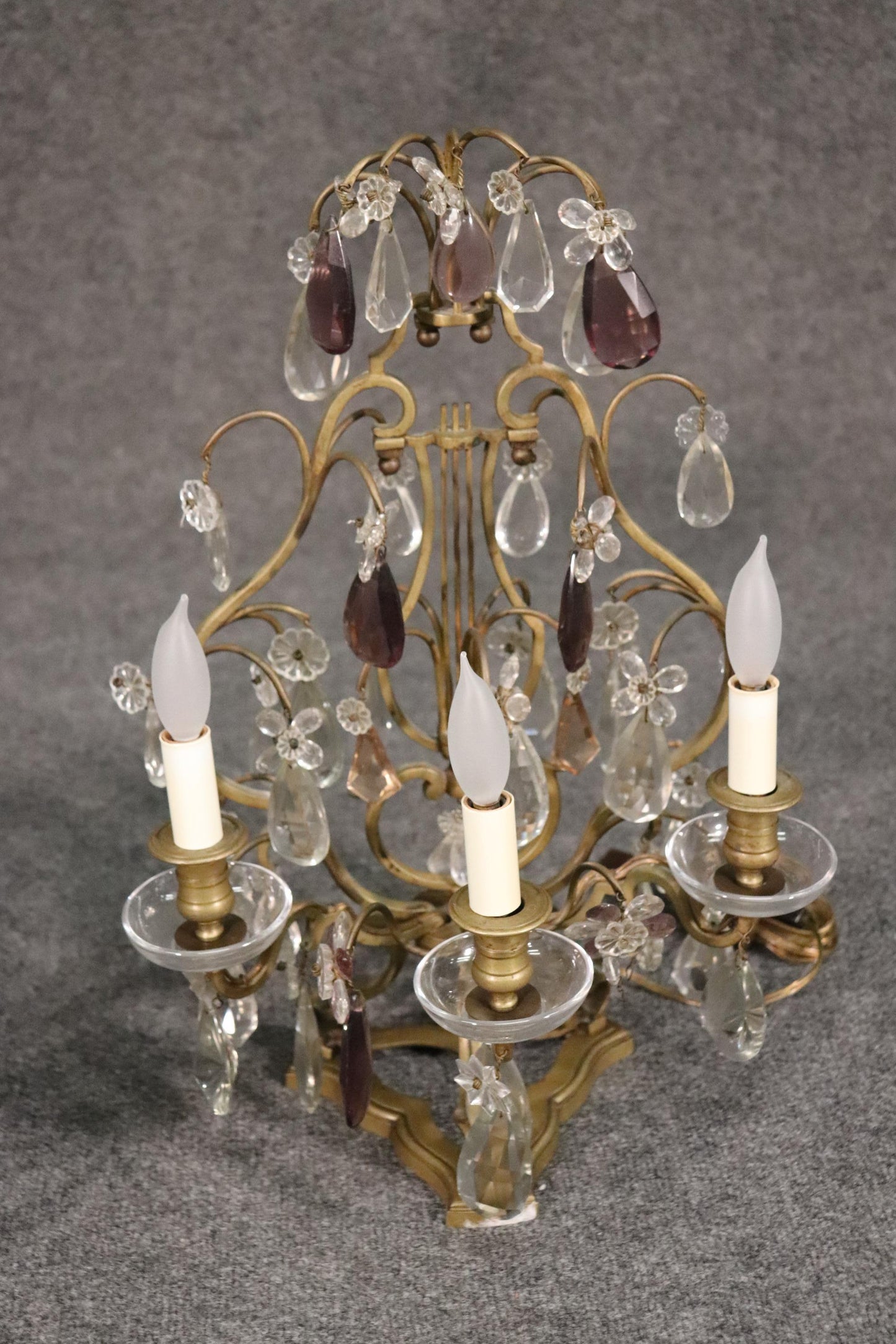 Pair of Fine French Amythest Colored and Clear Crystal Prism Candelabrum