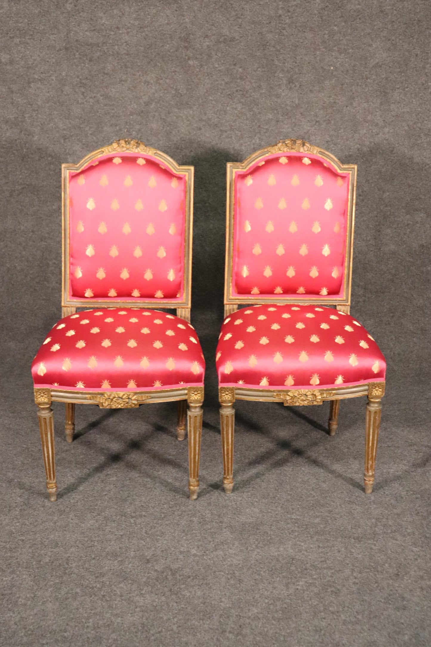 Pair Antique French Louis XVI Painted and Gilded Side Chairs, Circa 1900