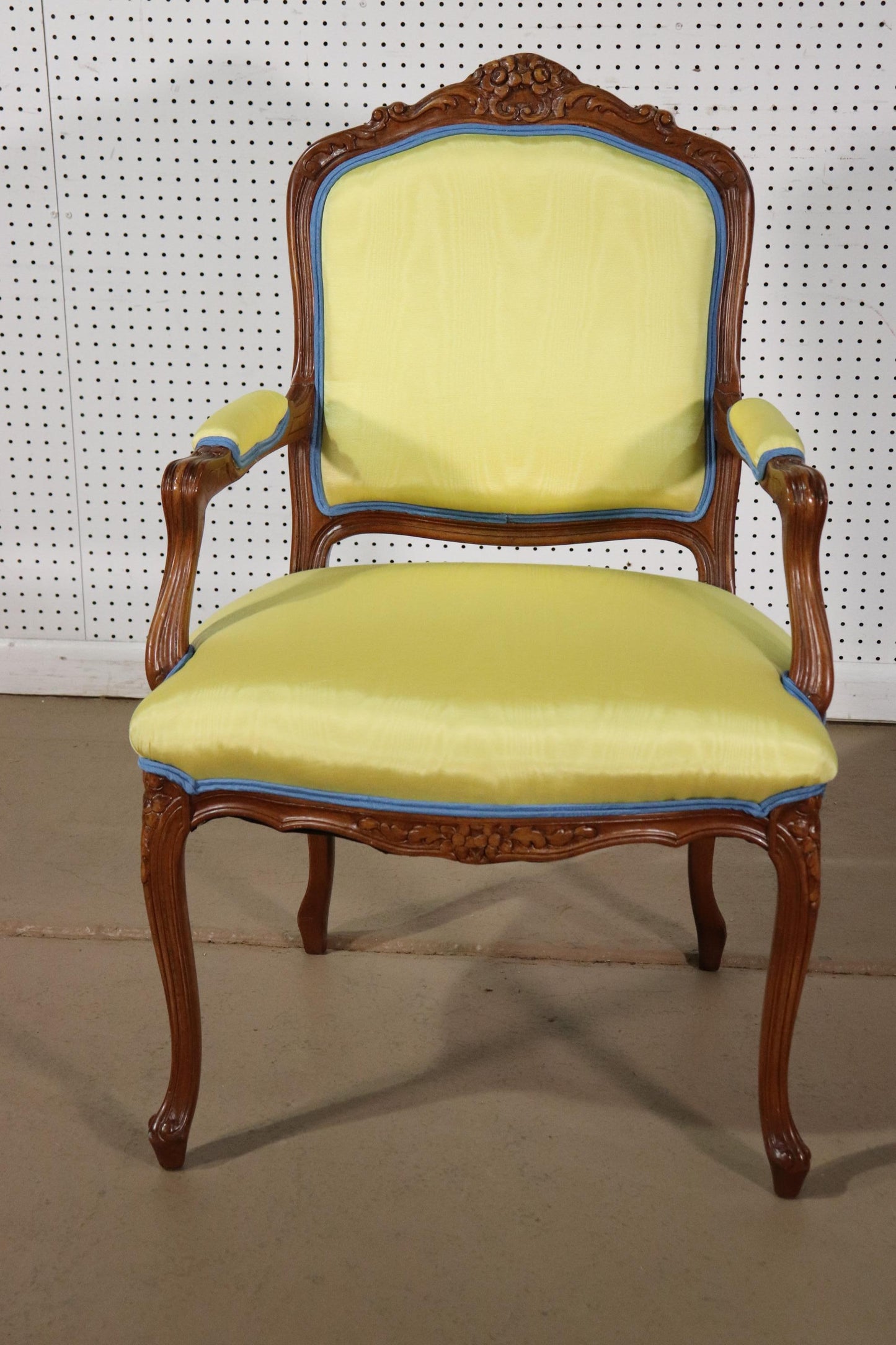 Yellow Moire Fabric Upholstered French Louis XV Style Armchair Fauteuil