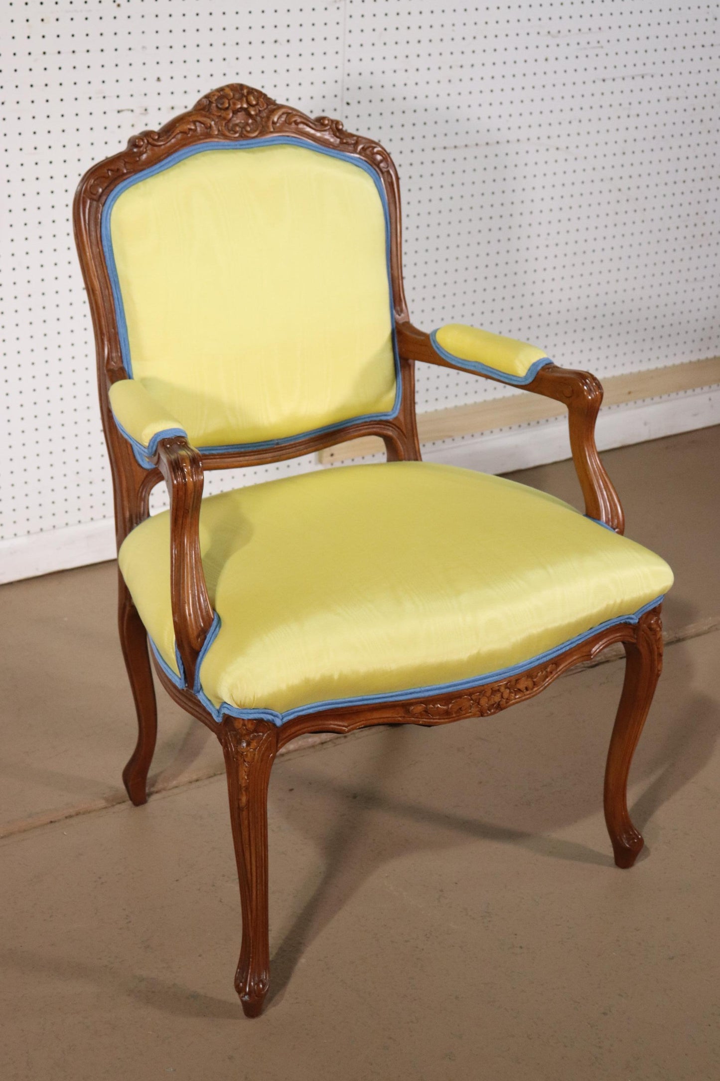 Yellow Moire Fabric Upholstered French Louis XV Style Armchair Fauteuil