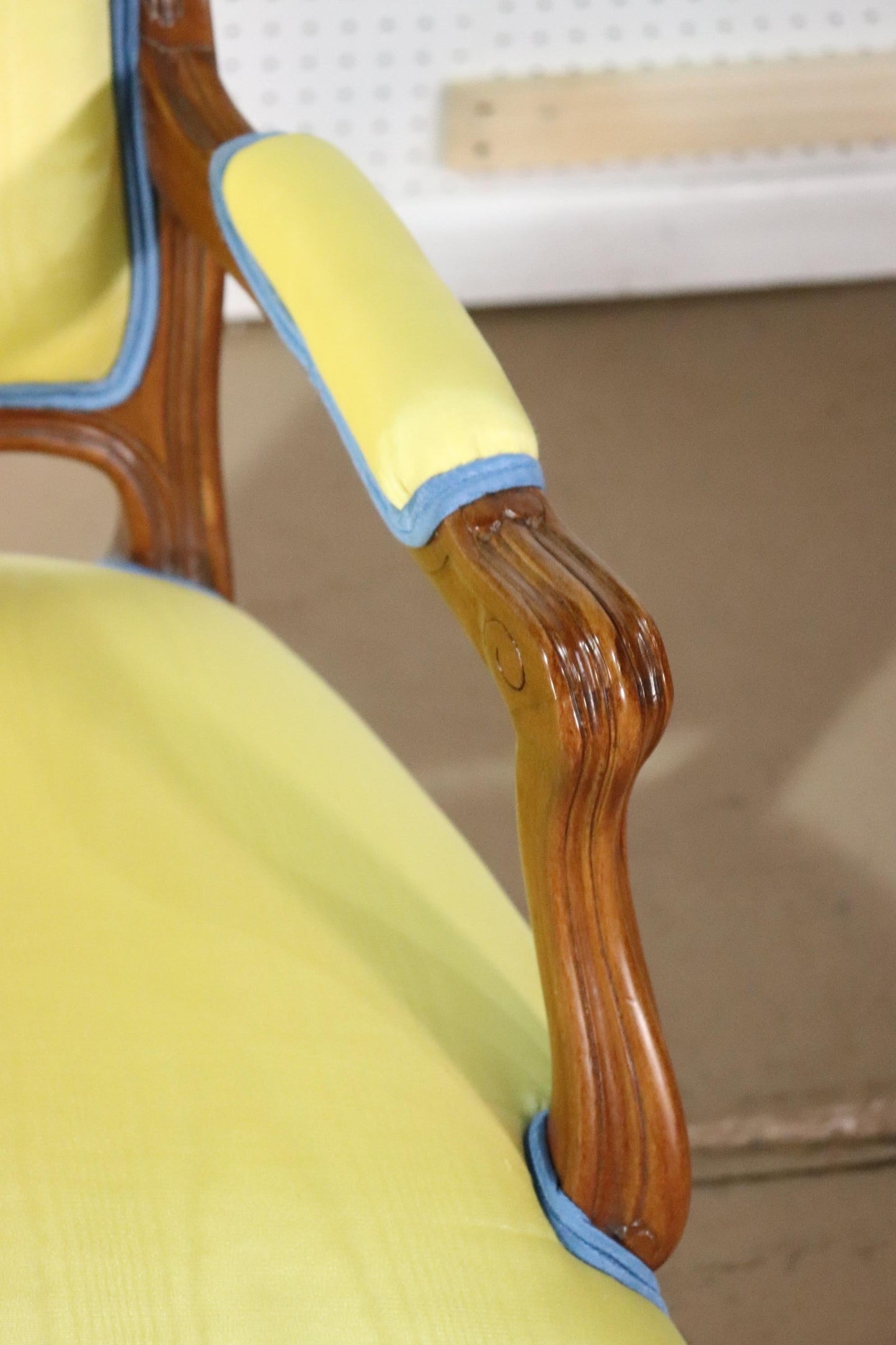 Yellow Moire Fabric Upholstered French Louis XV Style Armchair Fauteuil