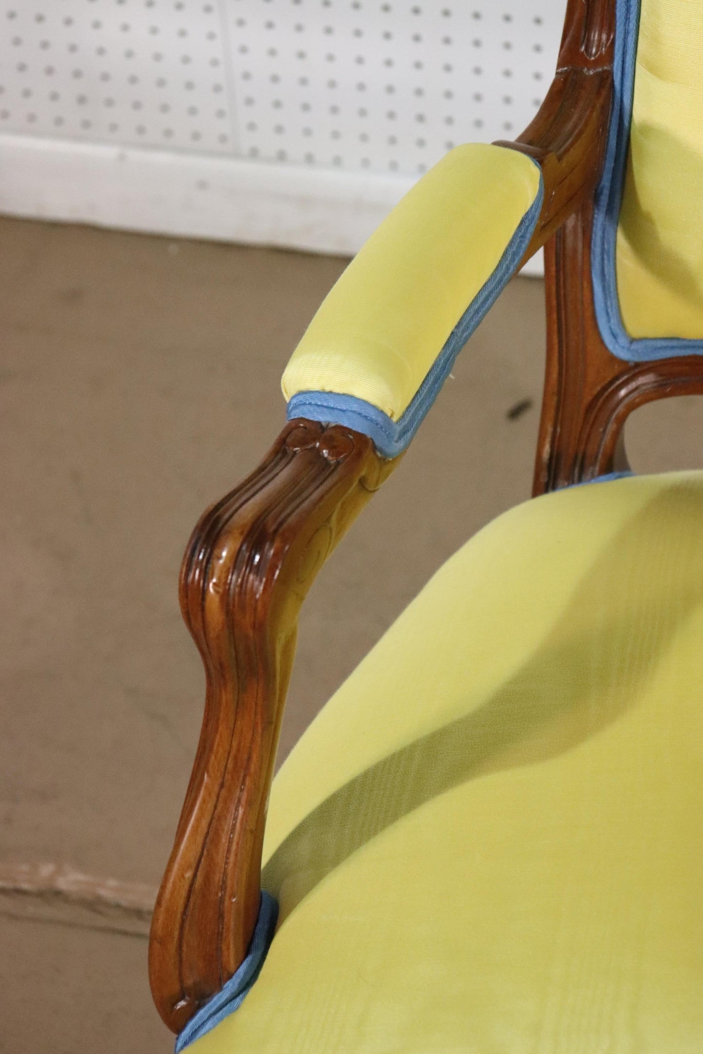 Yellow Moire Fabric Upholstered French Louis XV Style Armchair Fauteuil